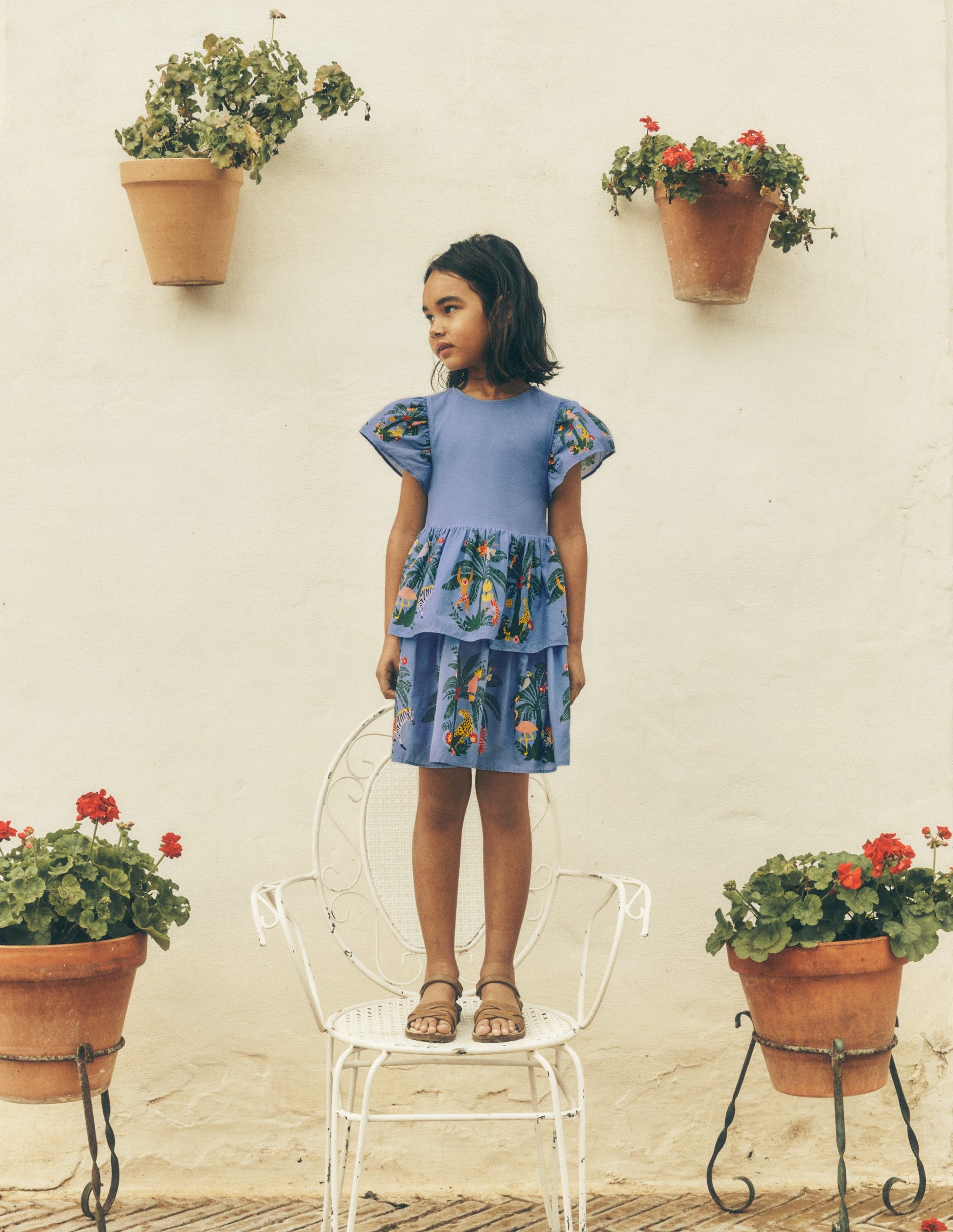 Kleid zum Herumwirbeln mit gewebten Elementen-Azurblau Dschungel-Spalier-4