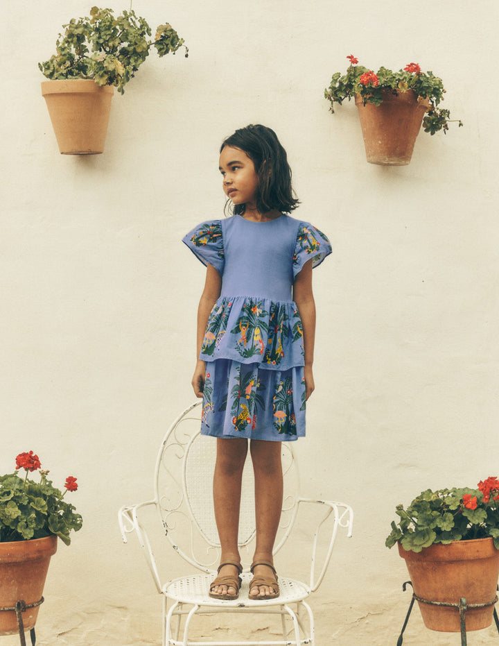 Kleid zum Herumwirbeln mit gewebten Elementen-Azurblau Dschungel-Spalier