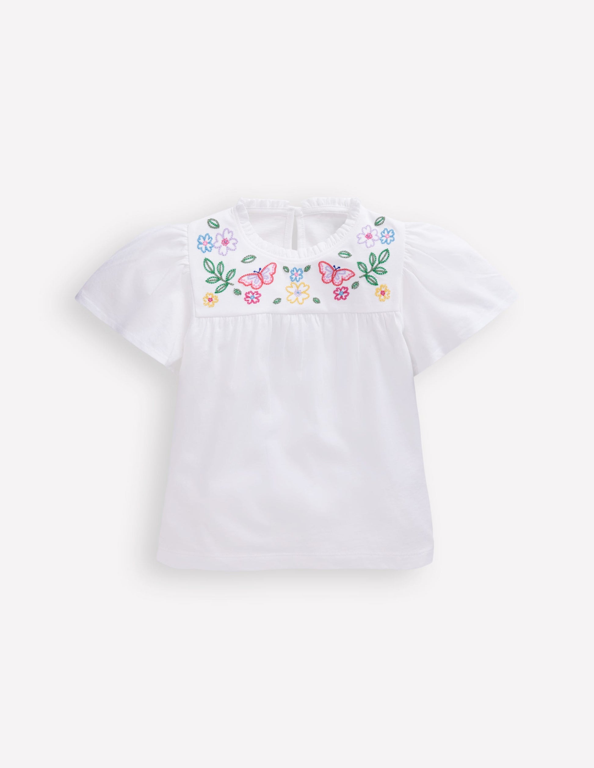 Embroidered Flutter Sleeve Top-White-1