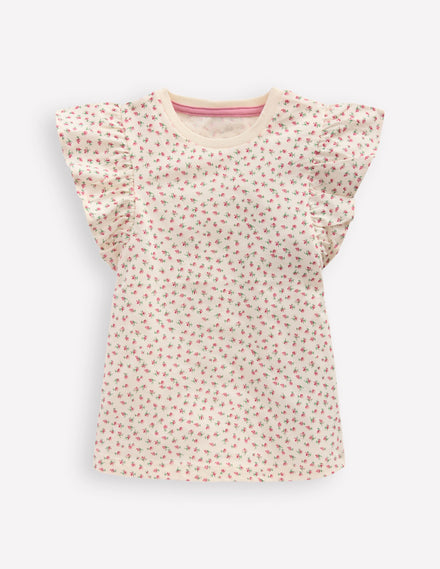 Top imprimé à manches volantées-Petites fleurs espacées rose