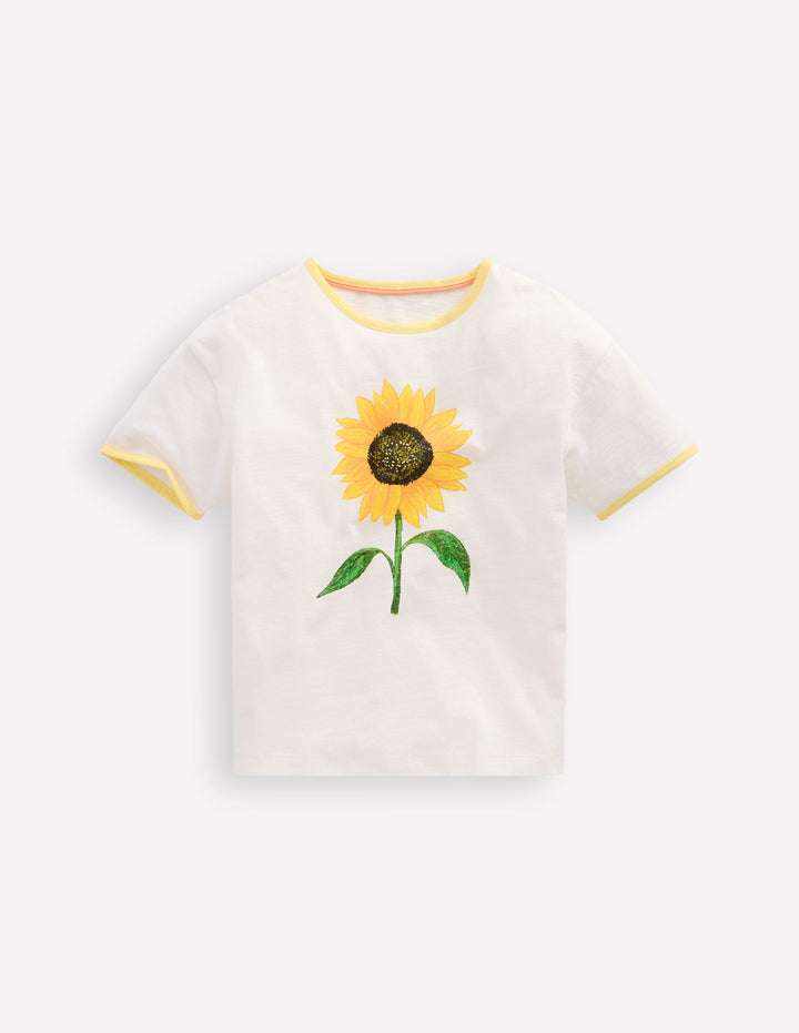 Bedrucktes Ringer-T-Shirt-Naturweiß Sonnenblume