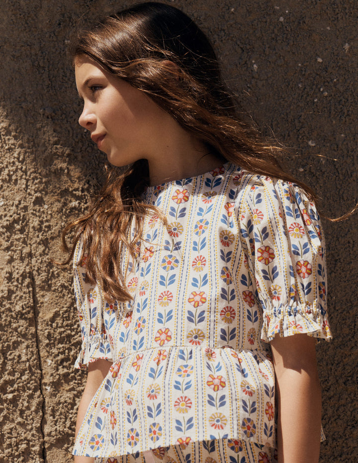 Peplum Woven Top-Ivory Floral Stripe