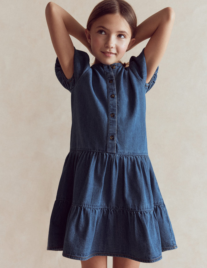 Gestuftes Hemdblusenkleid-Blau, Faux-Uni
