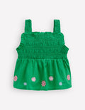 Embroidered Shirred Top-Sapling Green