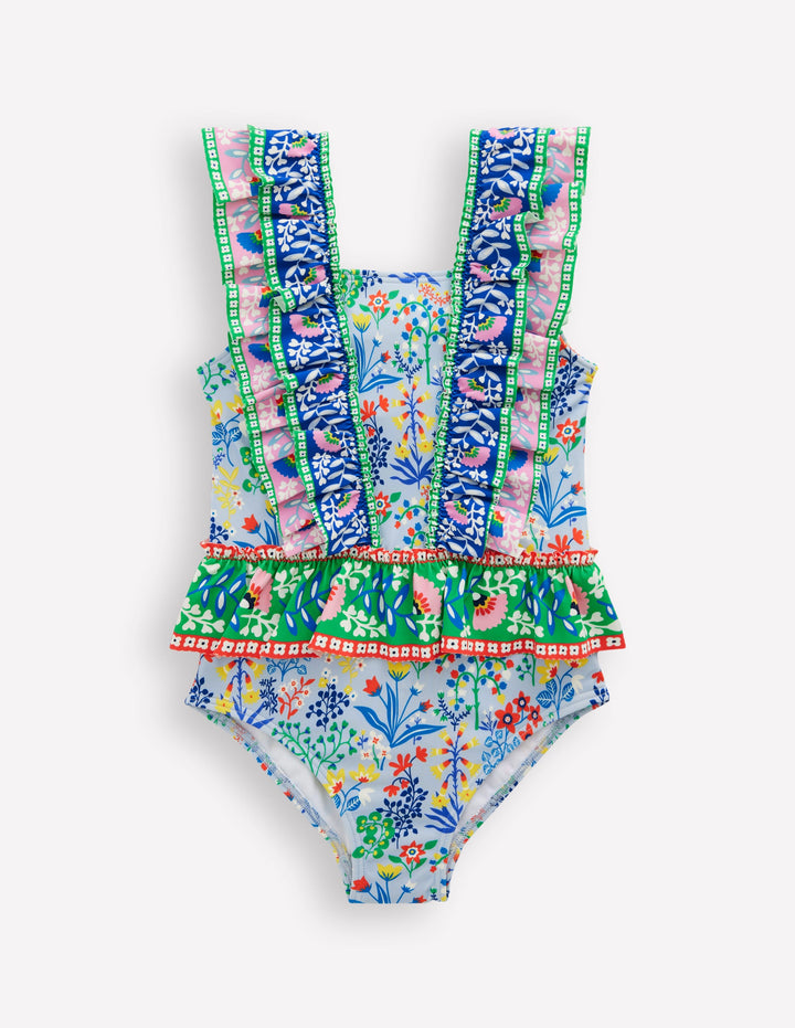 Maillot de bain à basque et volants-Motif Garden Floral bleu brumeux