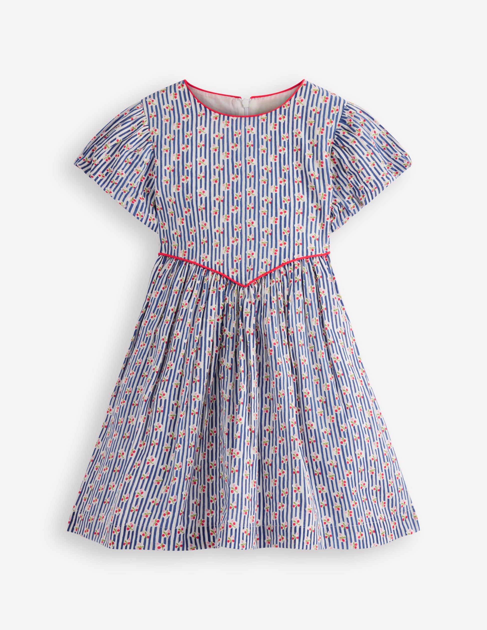Gewebtes Kleid mit V-Ausschnitt-Blauhäher Kirschen Streifen-4