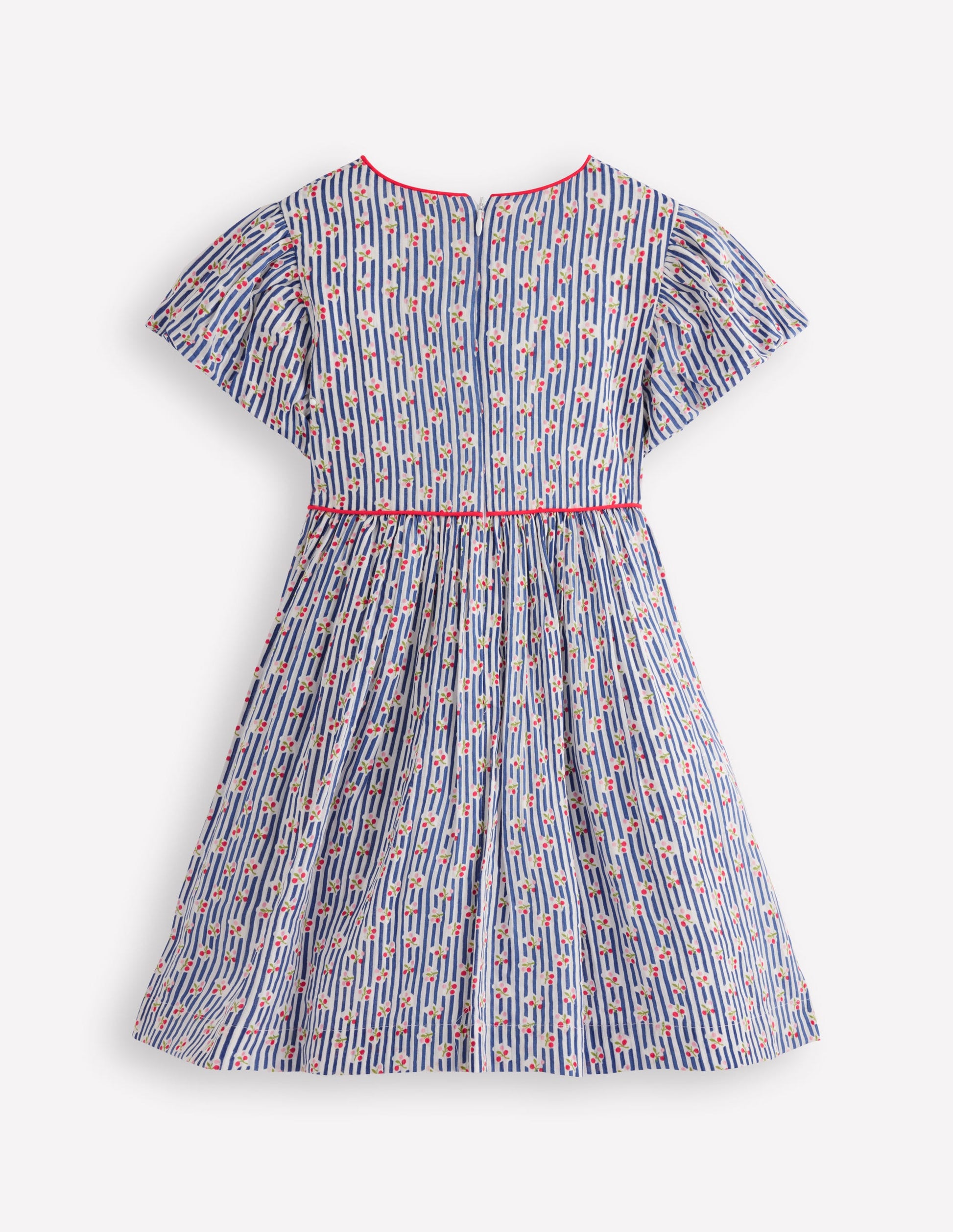 Gewebtes Kleid mit V-Ausschnitt-Blauhäher Kirschen Streifen-5