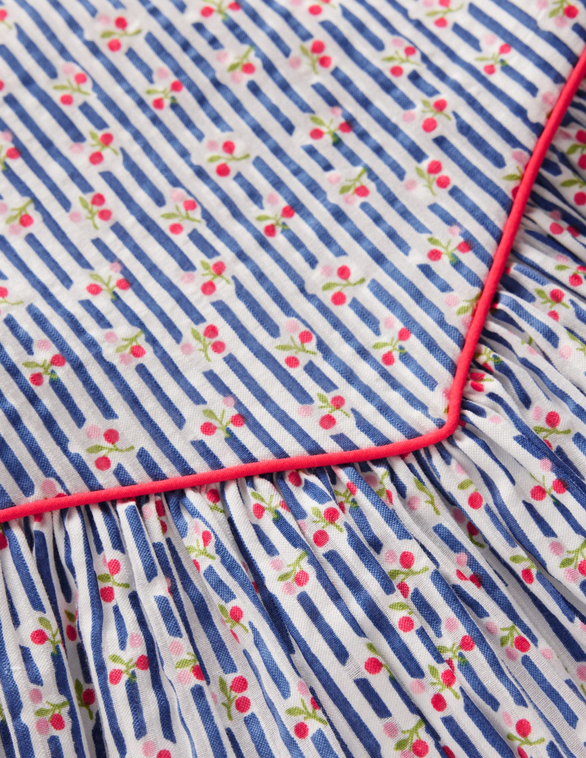Gewebtes Kleid mit V-Ausschnitt-Blauhäher Kirschen Streifen-6
