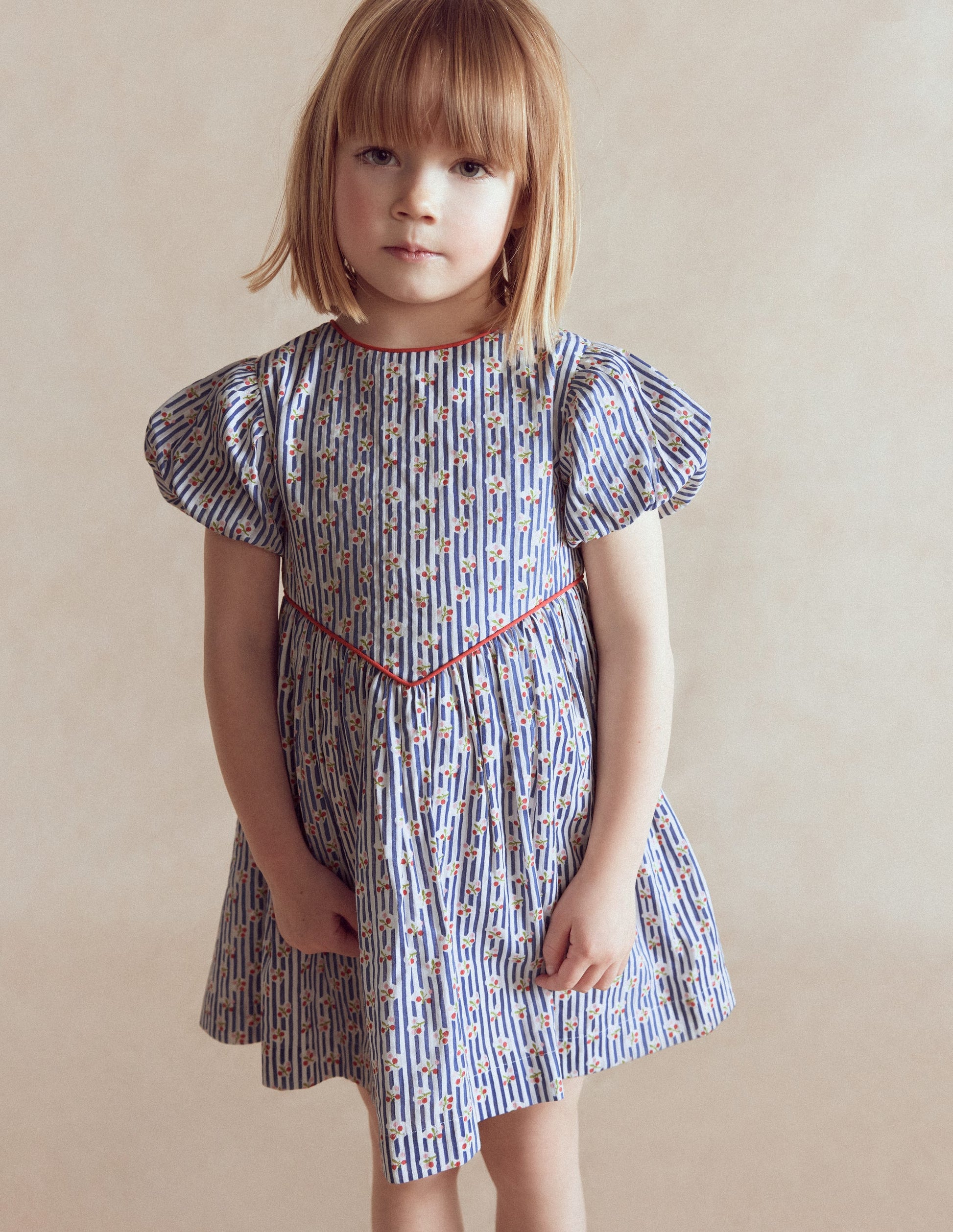 Gewebtes Kleid mit V-Ausschnitt-Blauhäher Kirschen Streifen-3