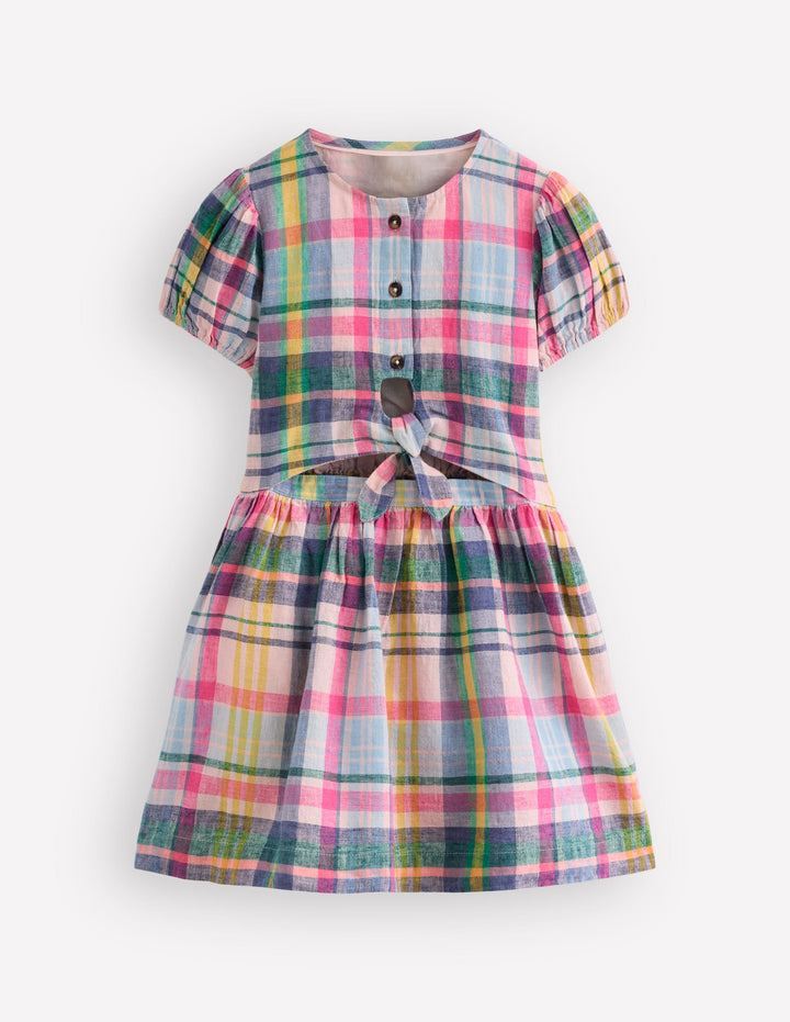 Gewebtes Kleid zum Binden vorn-Blau, Rosa und Grün Kariert