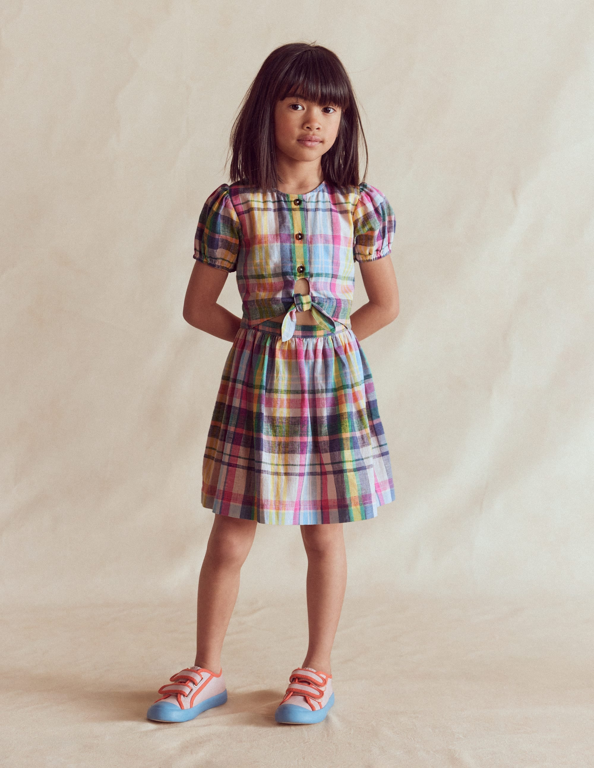 Robe tissée nouée sur le devant-Carreaux bleu, rose et vert - Image 1