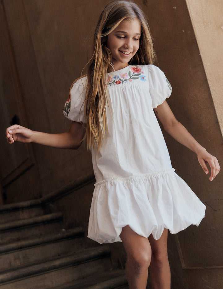 Drop Waist Bubble Dress-Soft Ivory Embroidery