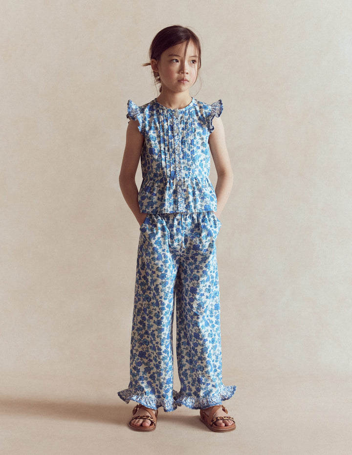 Hose mit Rüschensaum-Blau Blumenmuster Kuddelmuddel