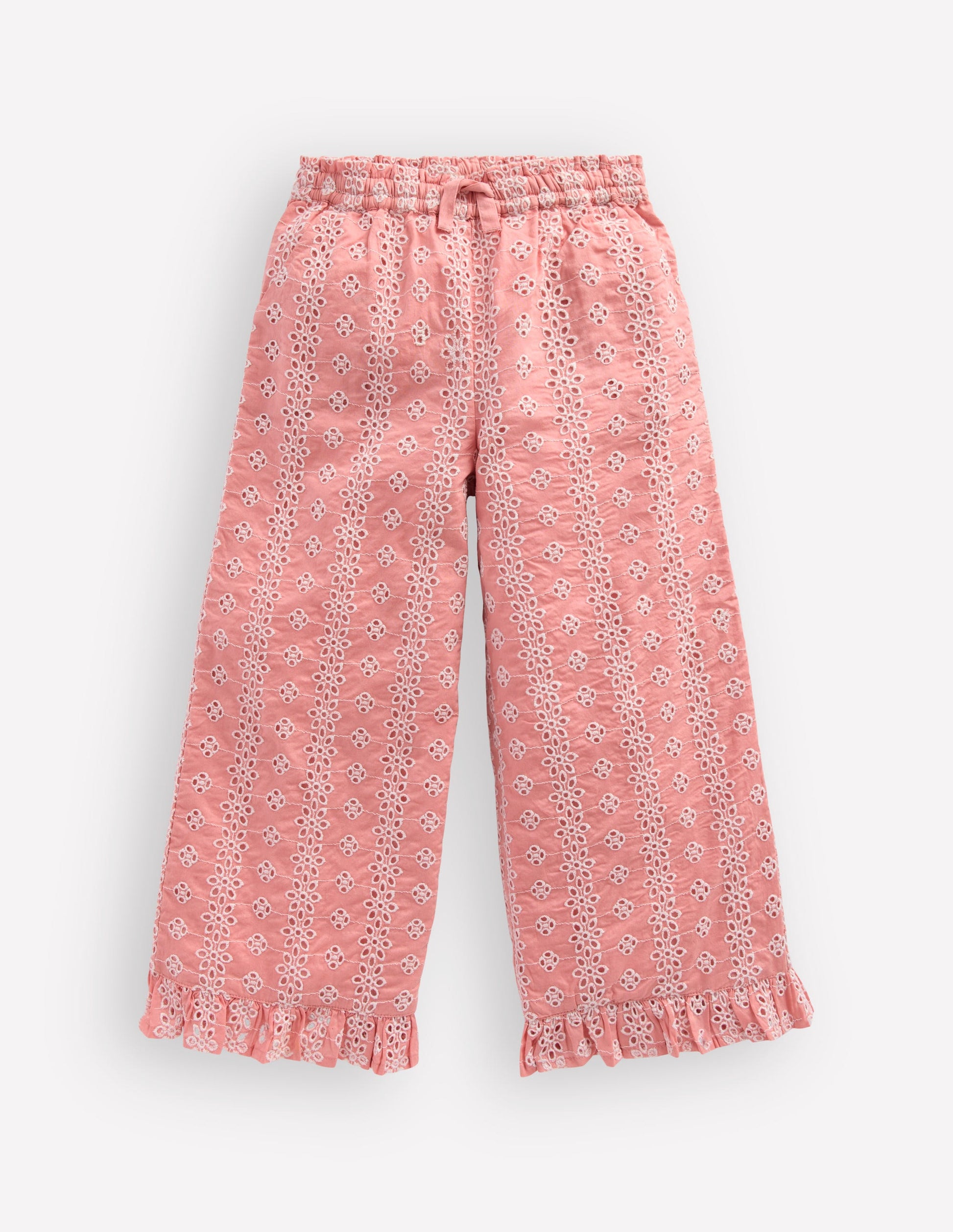 Pantalon à ourlet volanté-Broderie anglaise rose-2