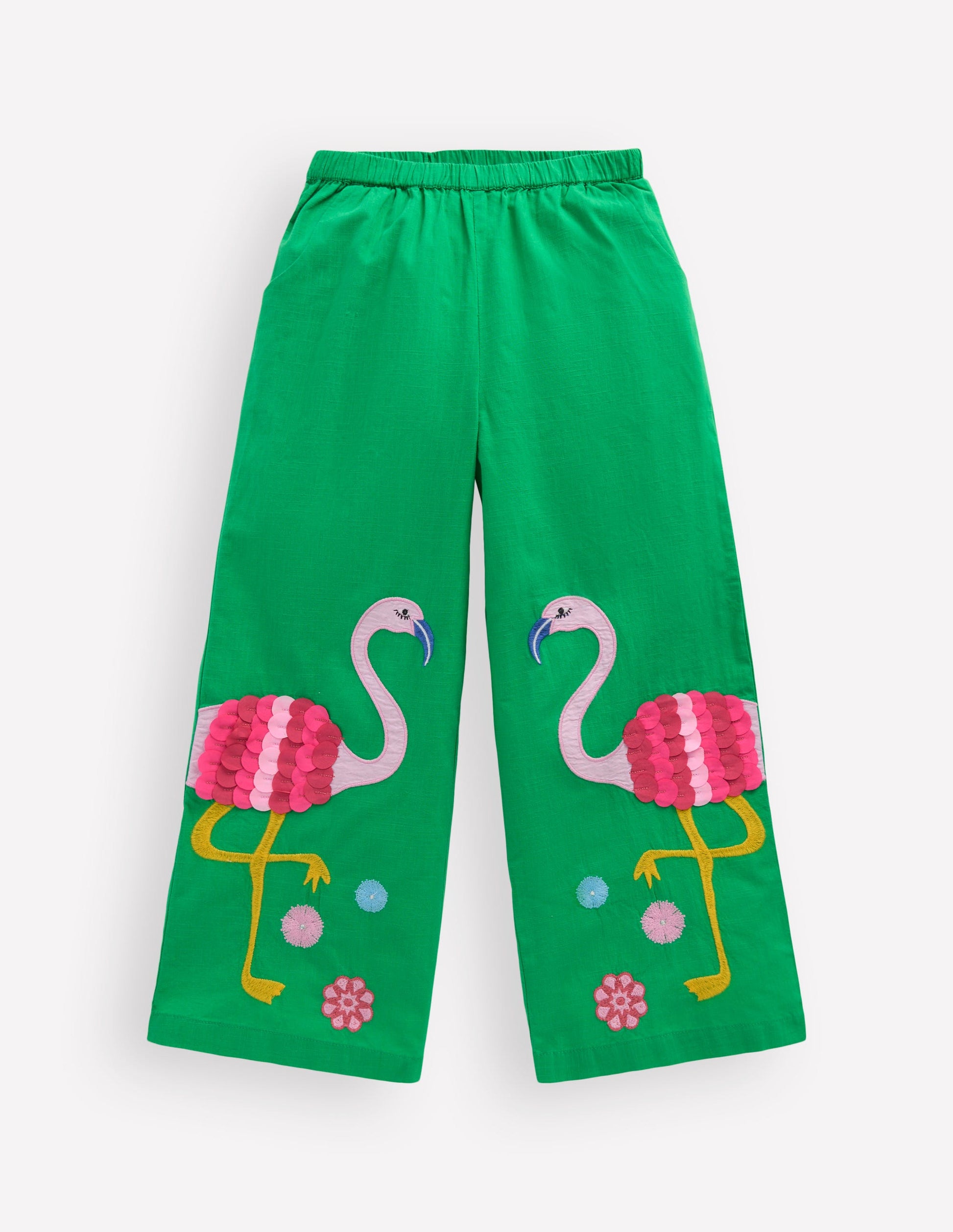 Appliqué Pull-on Trousers-Green Flamingos-2