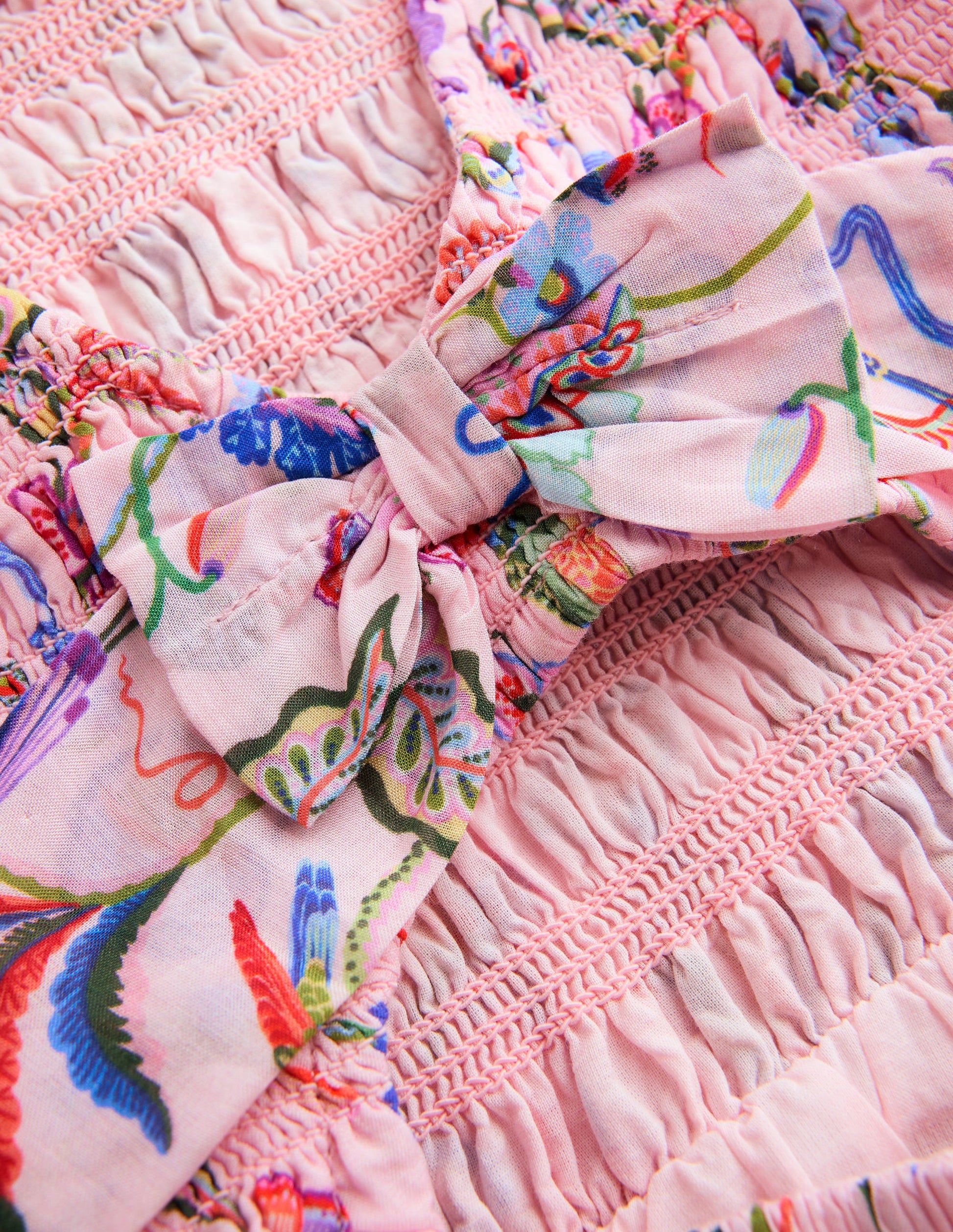 Gesmoktes Kleid mit Stickerei und Schleife-Bunt Rosa Blumenmuster-5