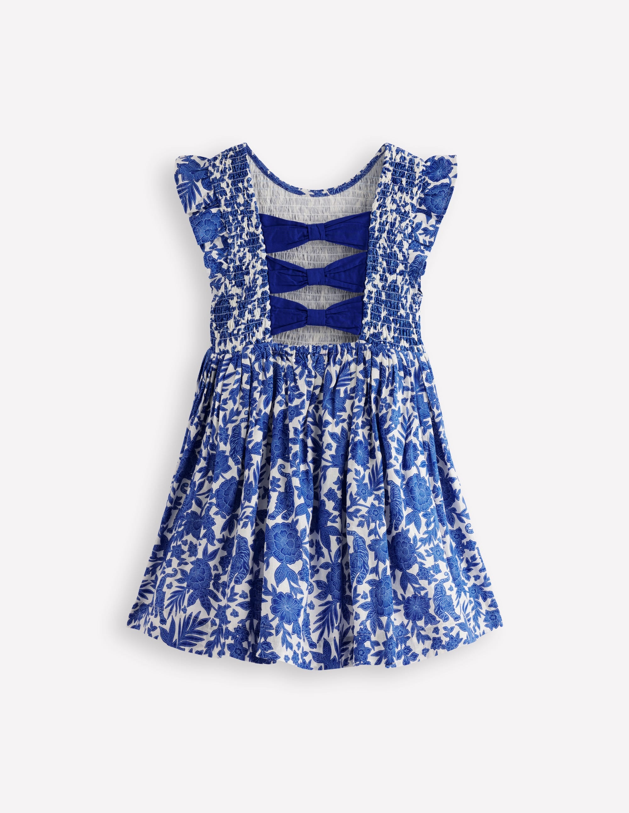 Gerafftes Kleid mit Schleife am Rücken-Leuchtendes Blau Dschungel Holzschnitt - Image 3