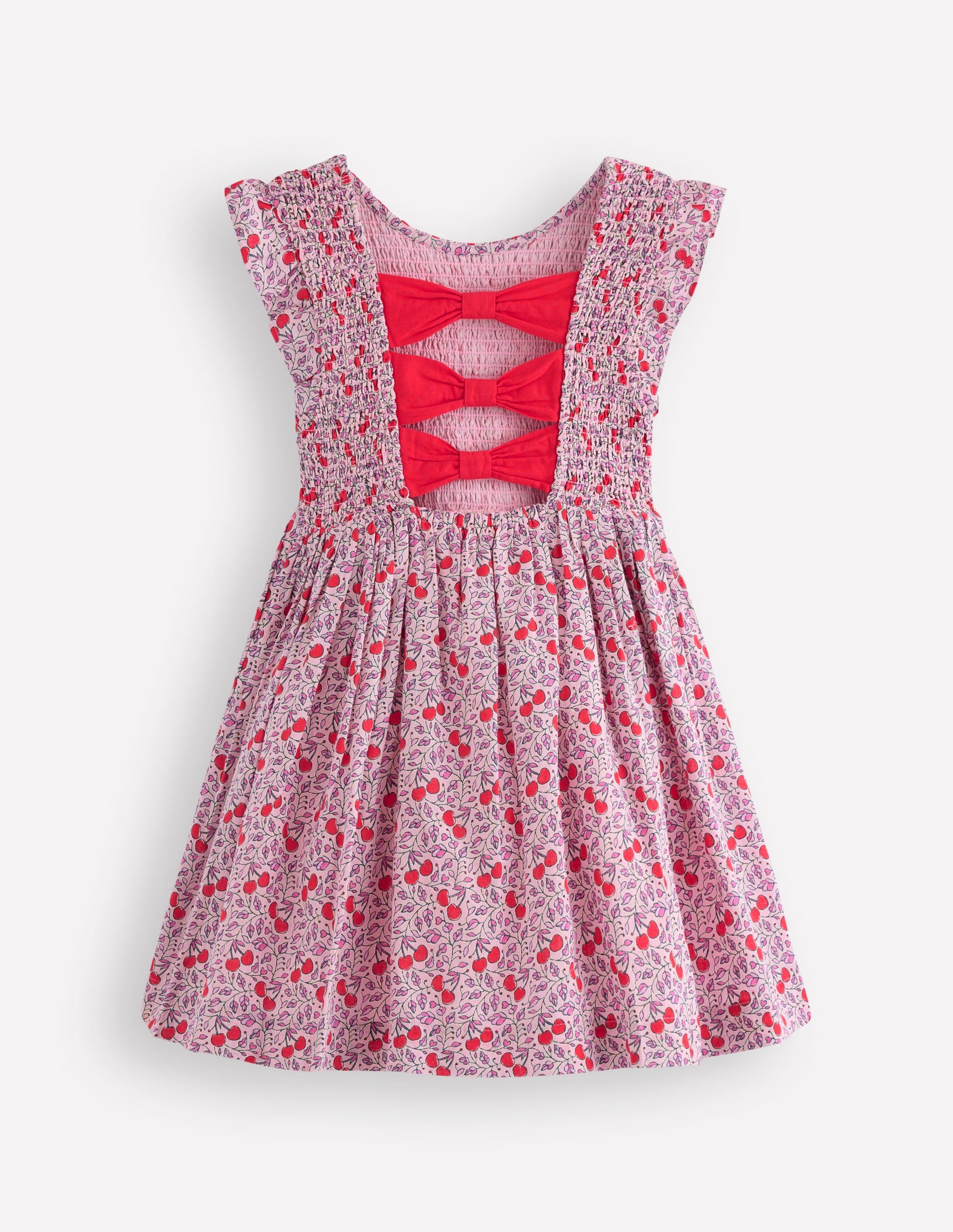 Bow Back Shirred Dress-Pink Cherries-7