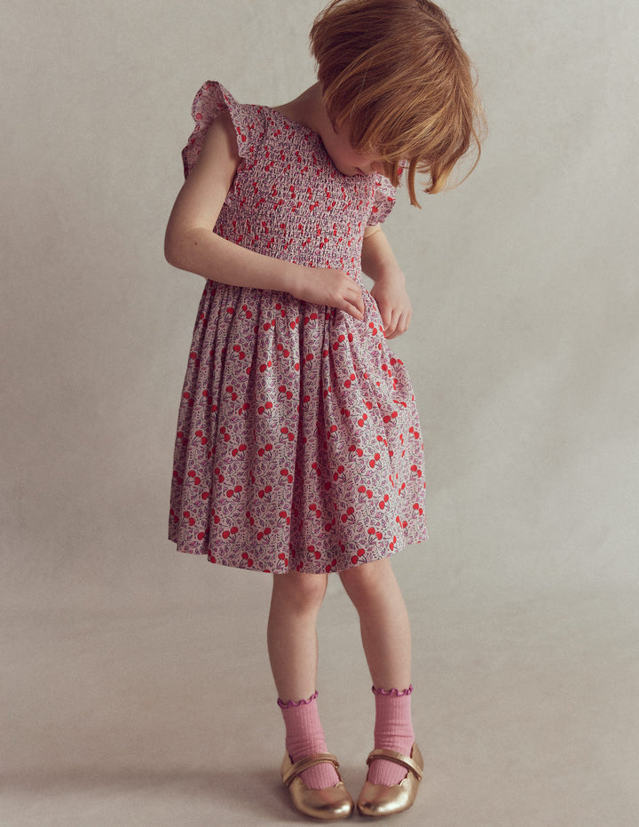Gerafftes Kleid mit Schleife am Rücken-Pink Kirschen