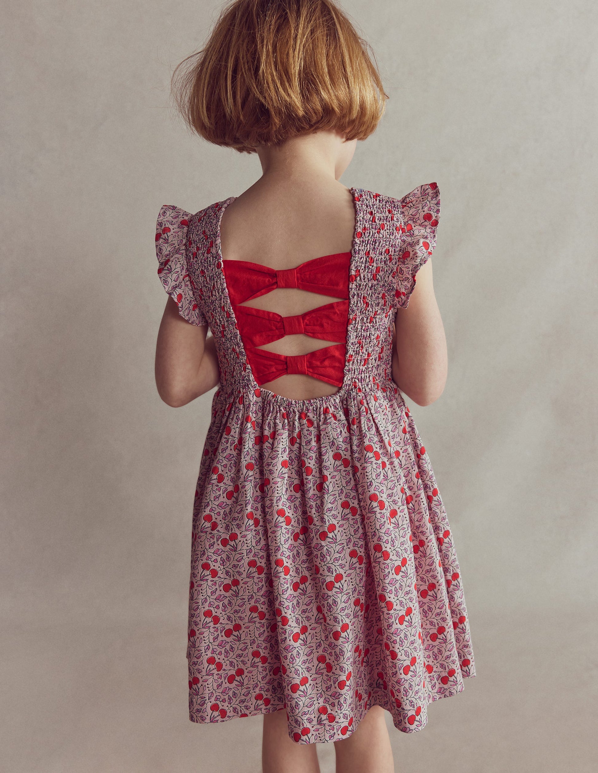 Bow Back Shirred Dress-Pink Cherries-3