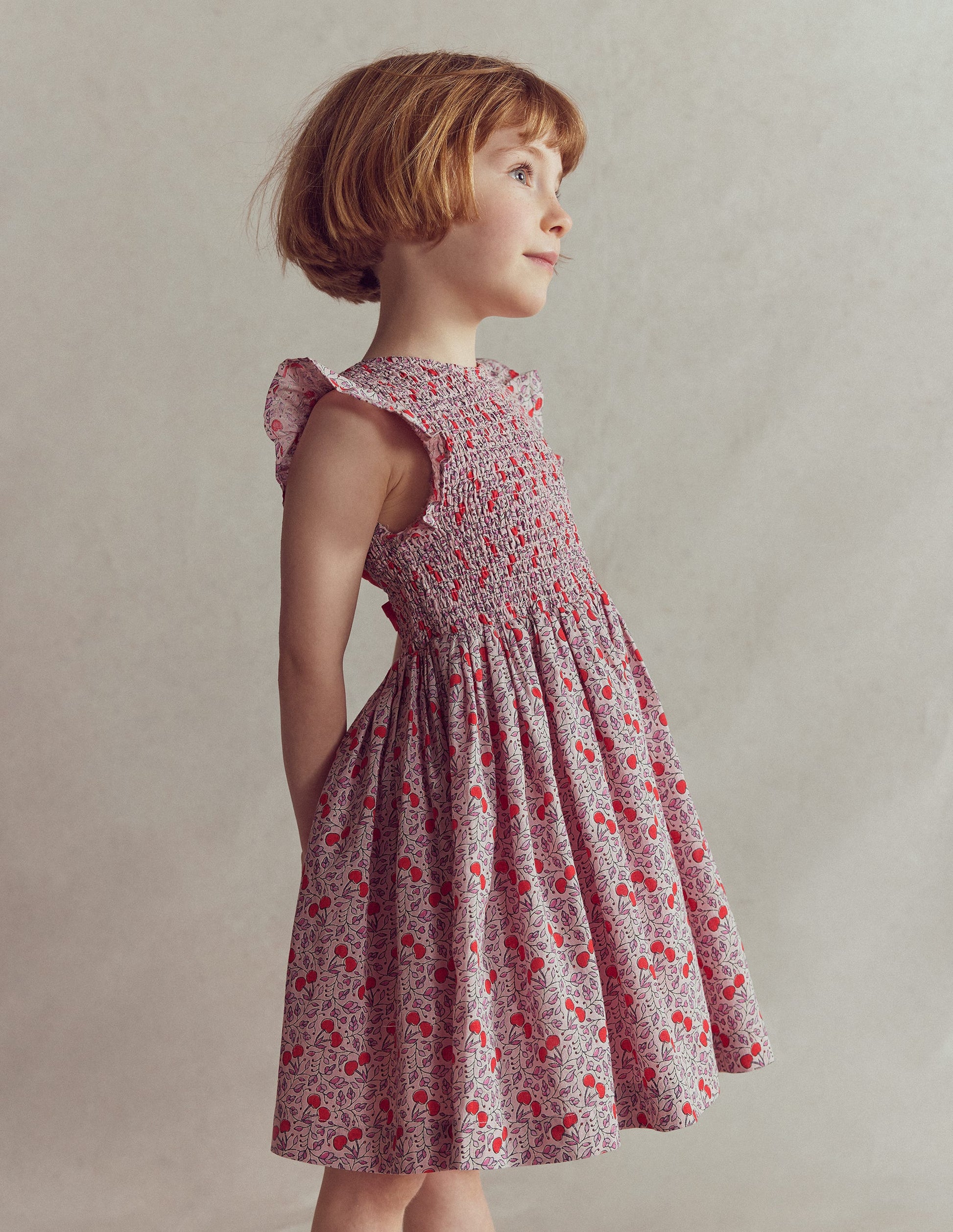Bow Back Shirred Dress-Pink Cherries-4