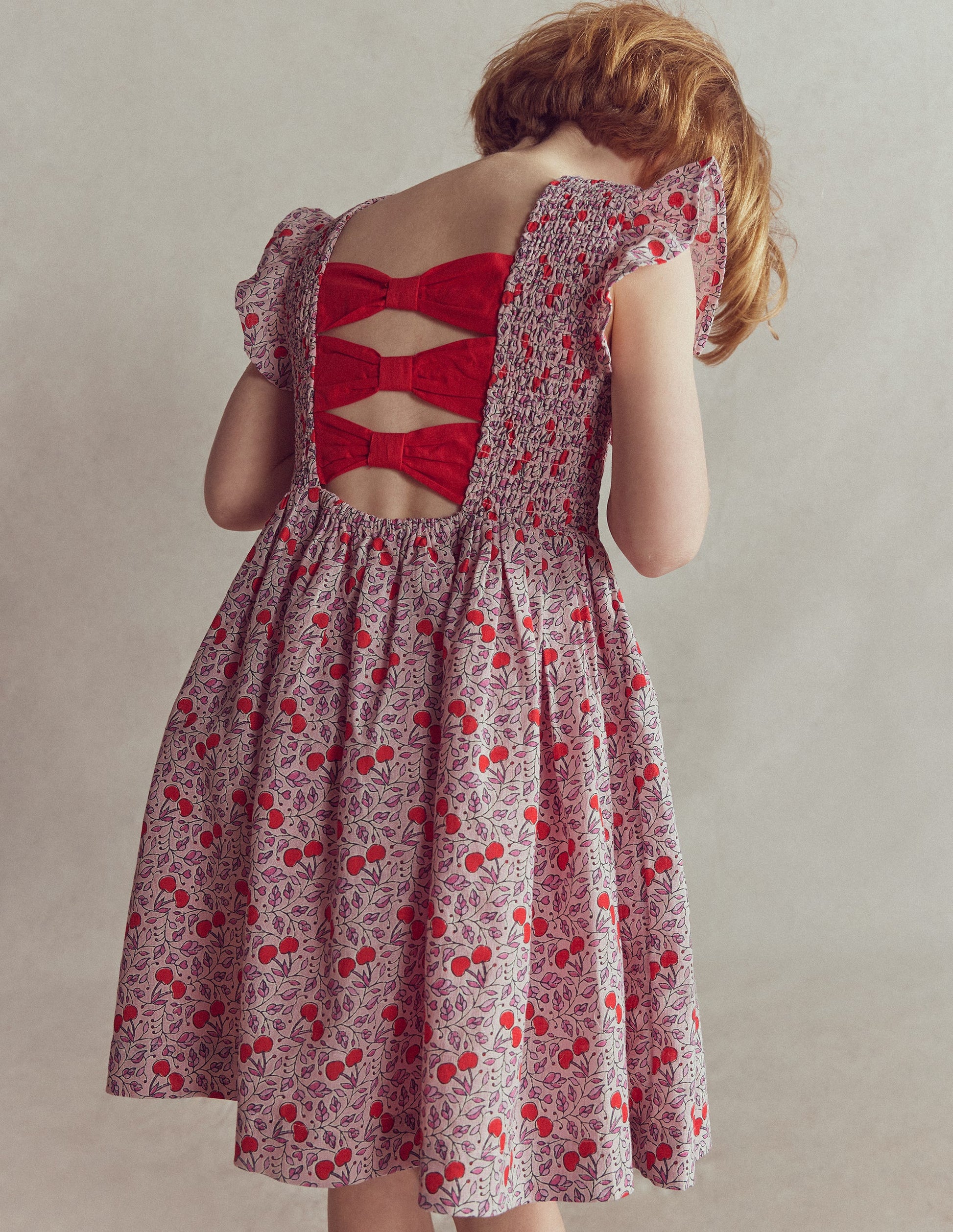 Bow Back Shirred Dress-Pink Cherries-5