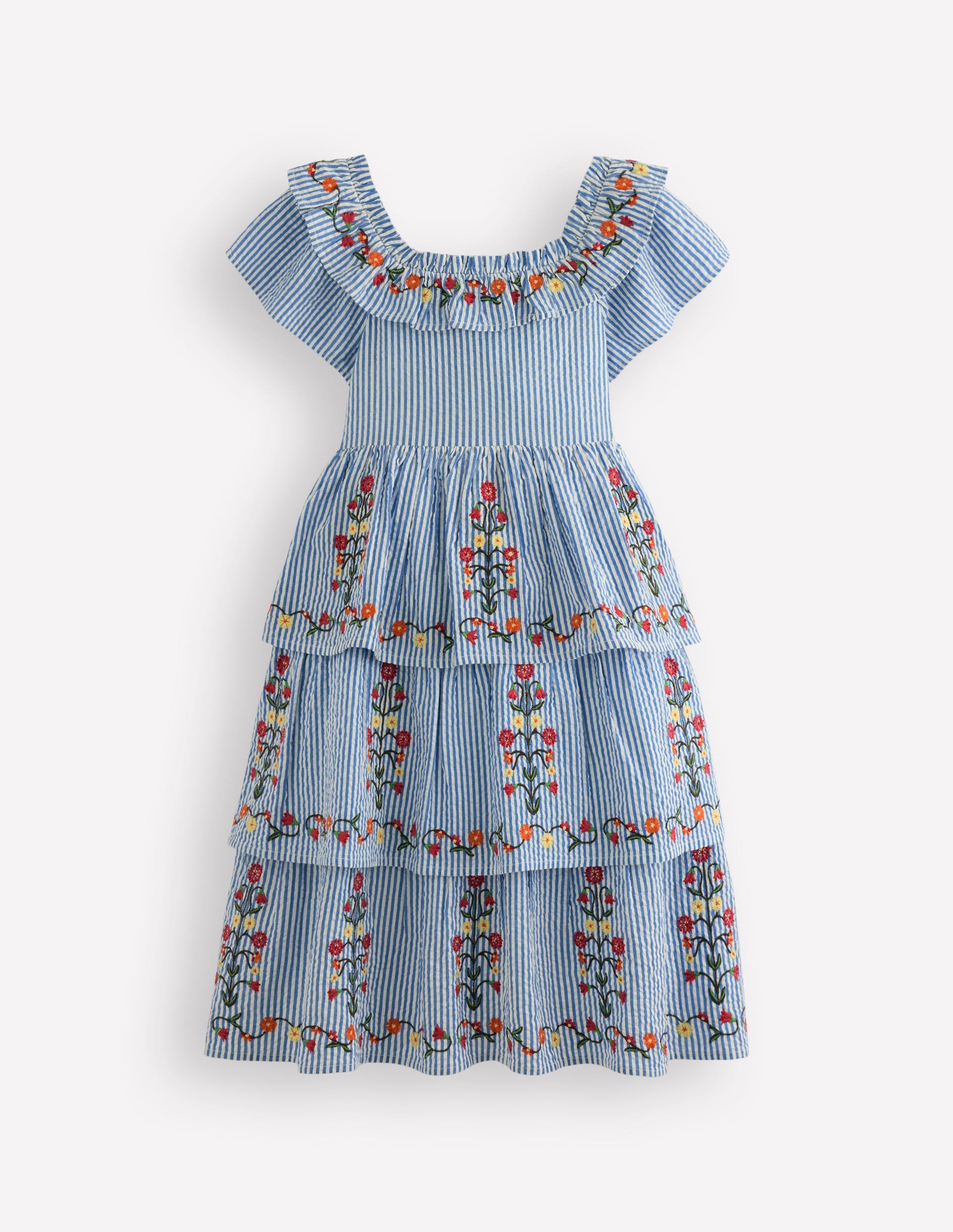 Gewebtes Stufenkleid mit Rüschen-Drillich Streifen Blumenmuster-2