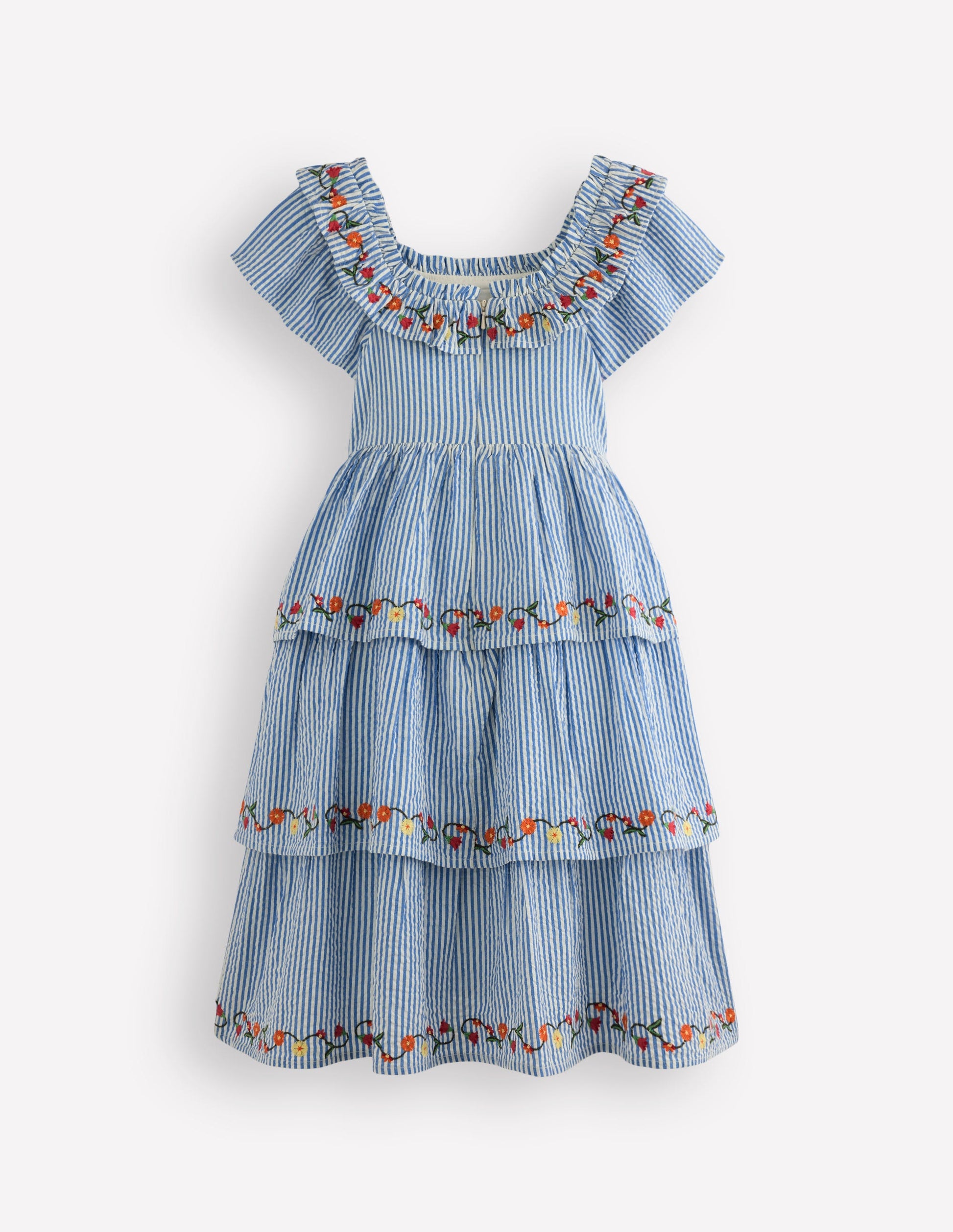 Gewebtes Stufenkleid mit Rüschen-Drillich Streifen Blumenmuster-3
