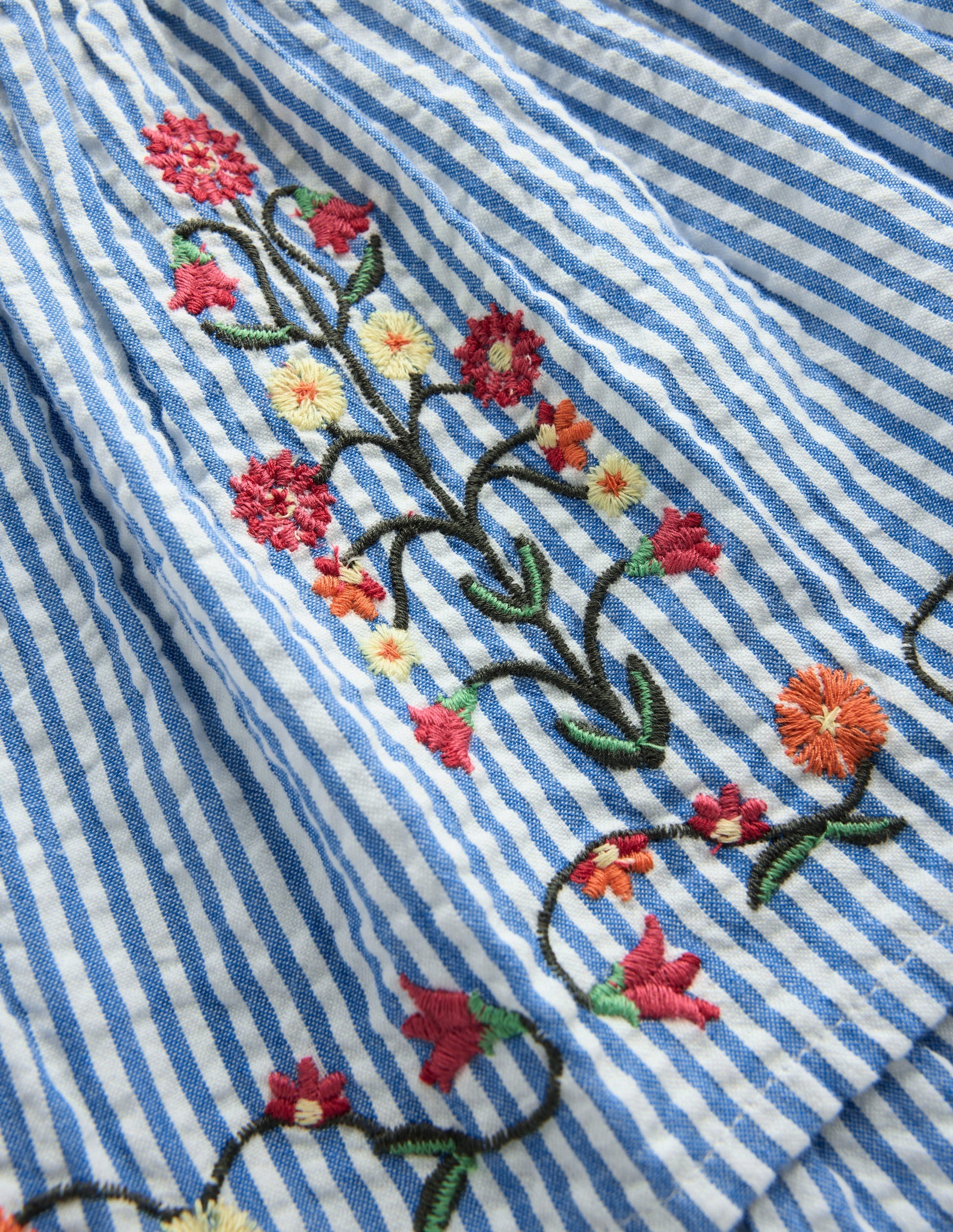 Gewebtes Stufenkleid mit Rüschen-Drillich Streifen Blumenmuster-4