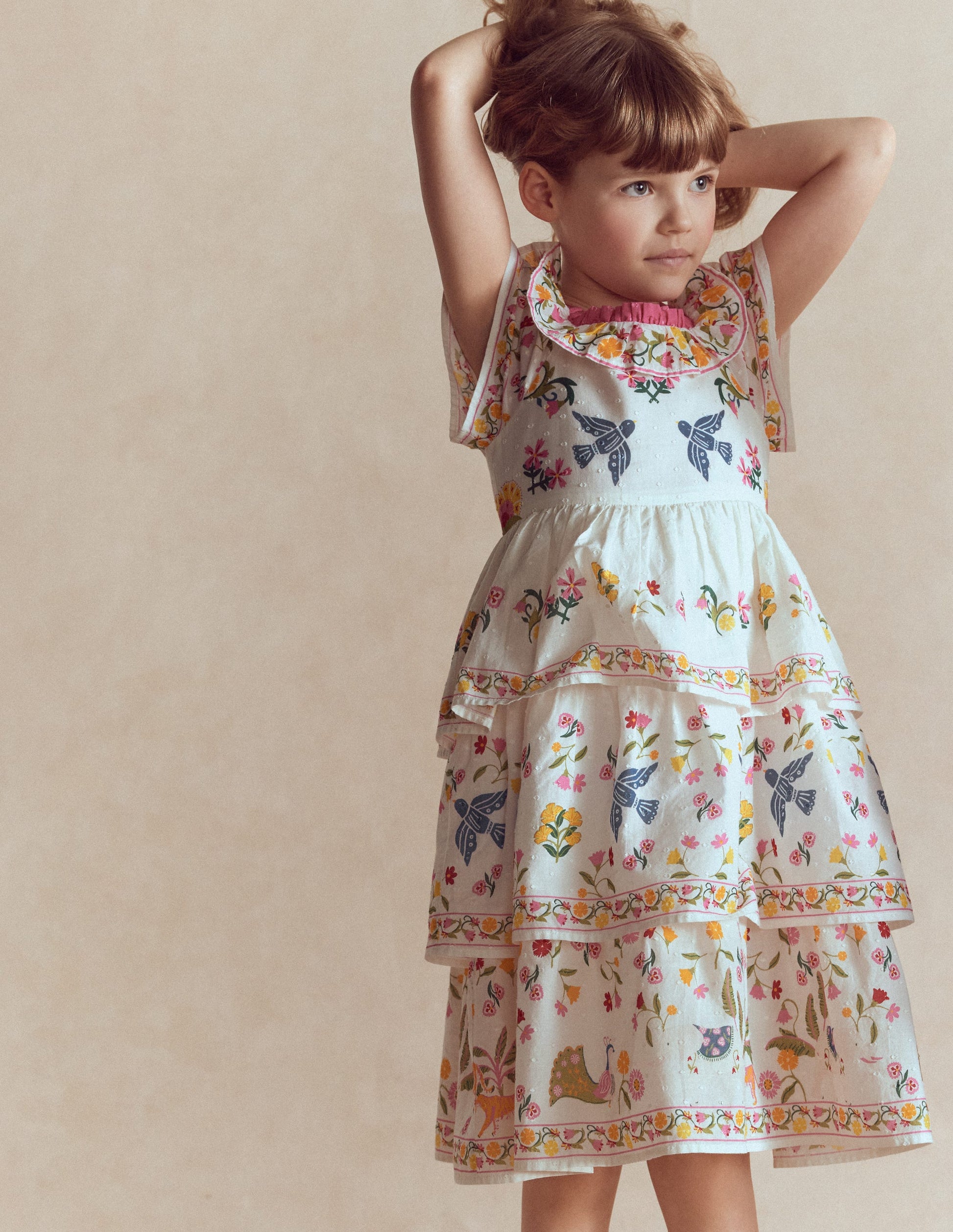 Gewebtes Stufenkleid mit Rüschen-Sanftes Naturweiß Dschungel-2