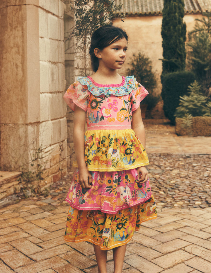 Gewebtes Stufenkleid mit Rüschen-Sonnenblumengelb Dschungel Tiere