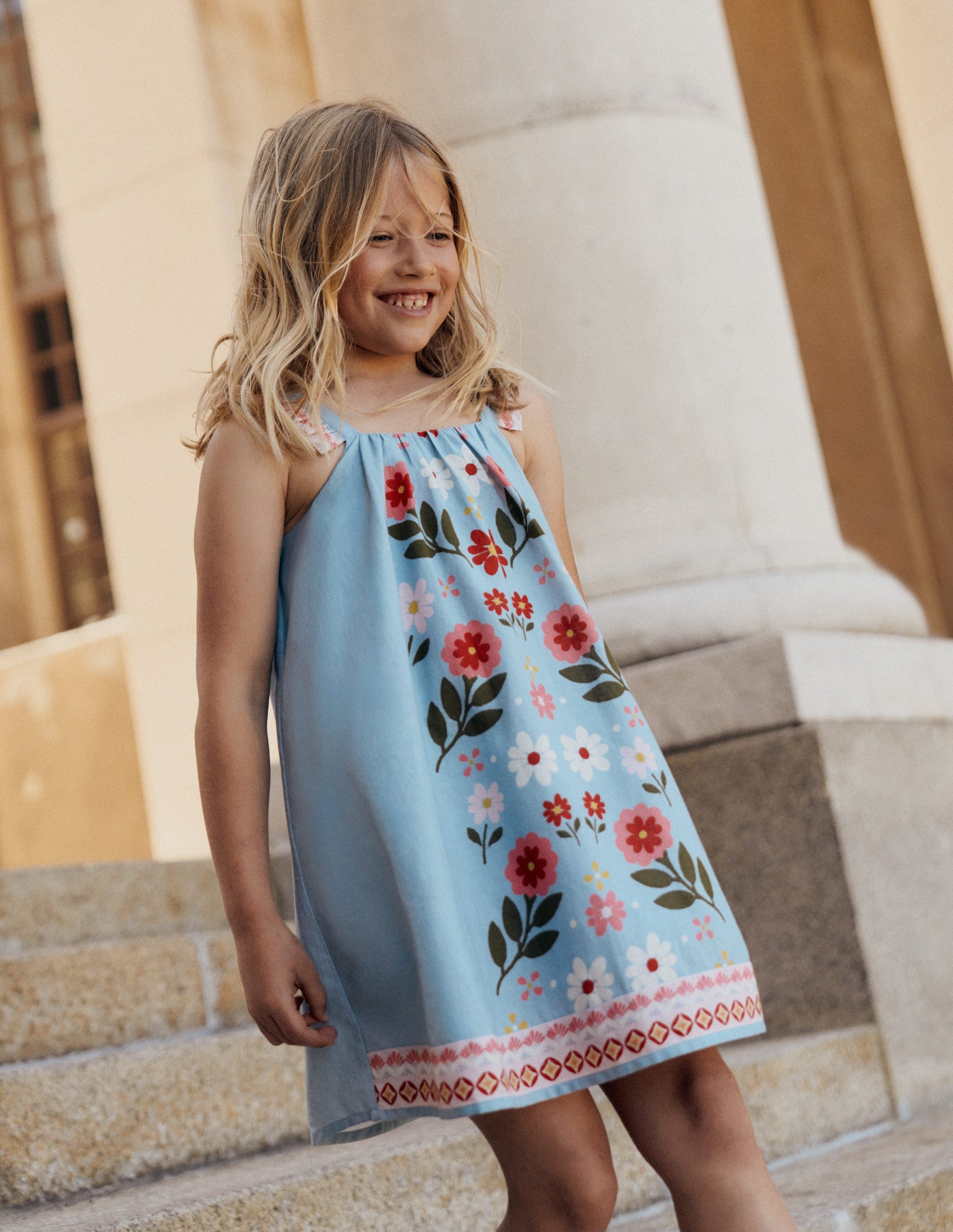 Ruffle Strap Sundress-Vintage Blue Floral Placement-1