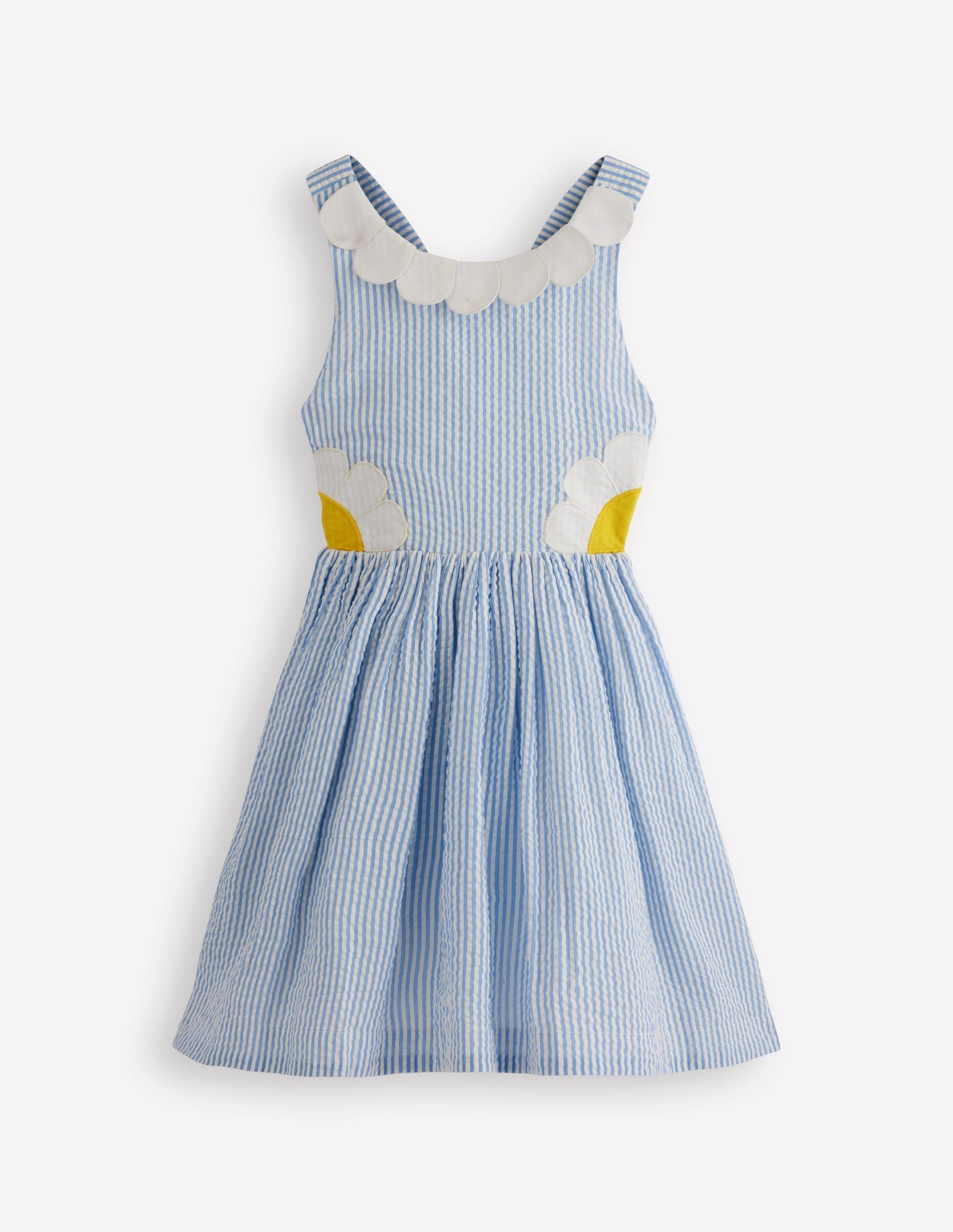 Originelles Kleid mit gekreuzten Rückenträgern-Blau Gänseblümchen-Applikation-4