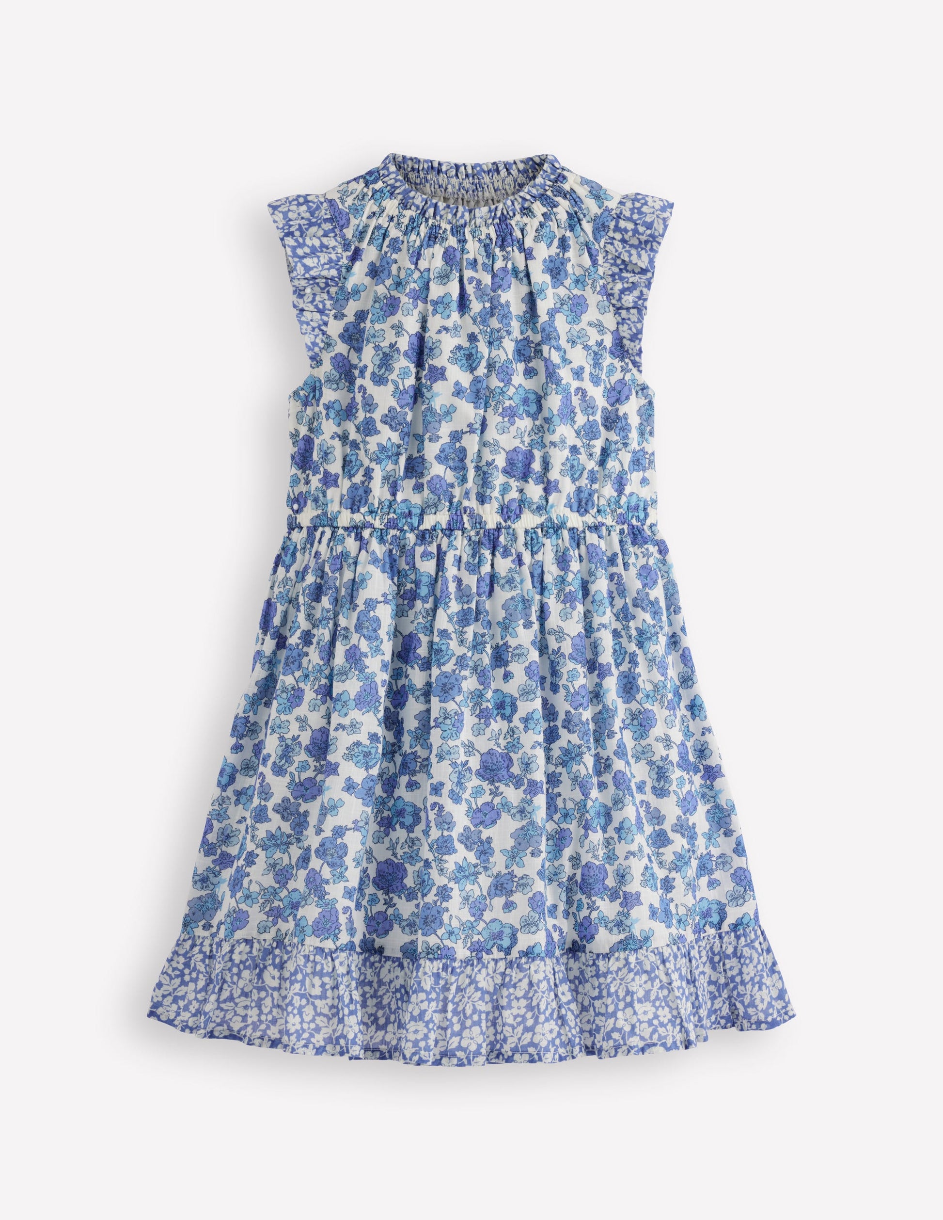 Gerafftes, gewebtes Kleid-Blau Zweig-2