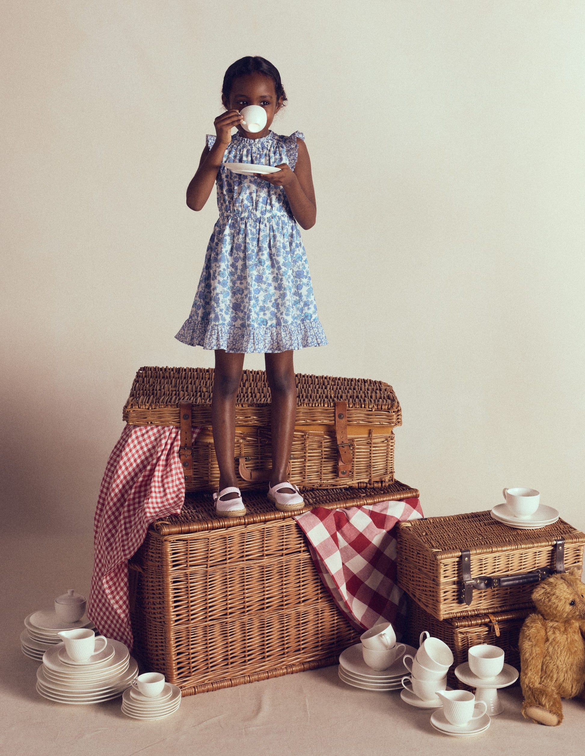 Gerafftes, gewebtes Kleid-Blau Zweig-1