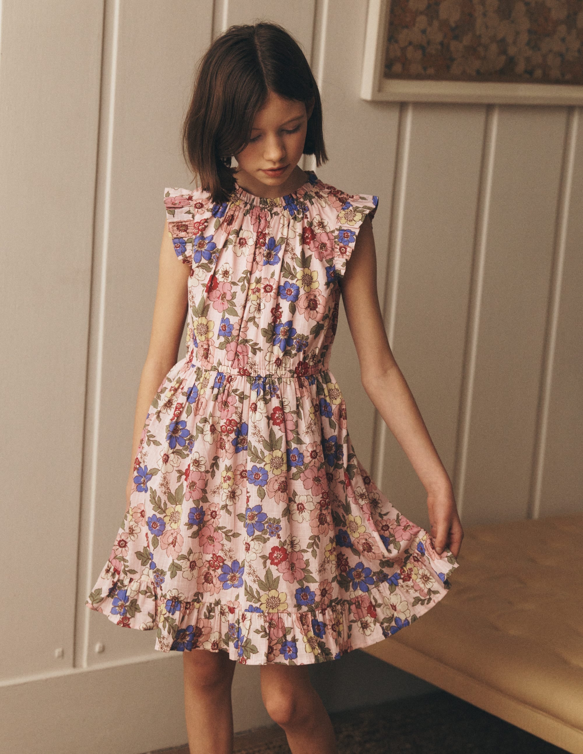Gerafftes, gewebtes Kleid-Rosa Blumenmuster - Image 4