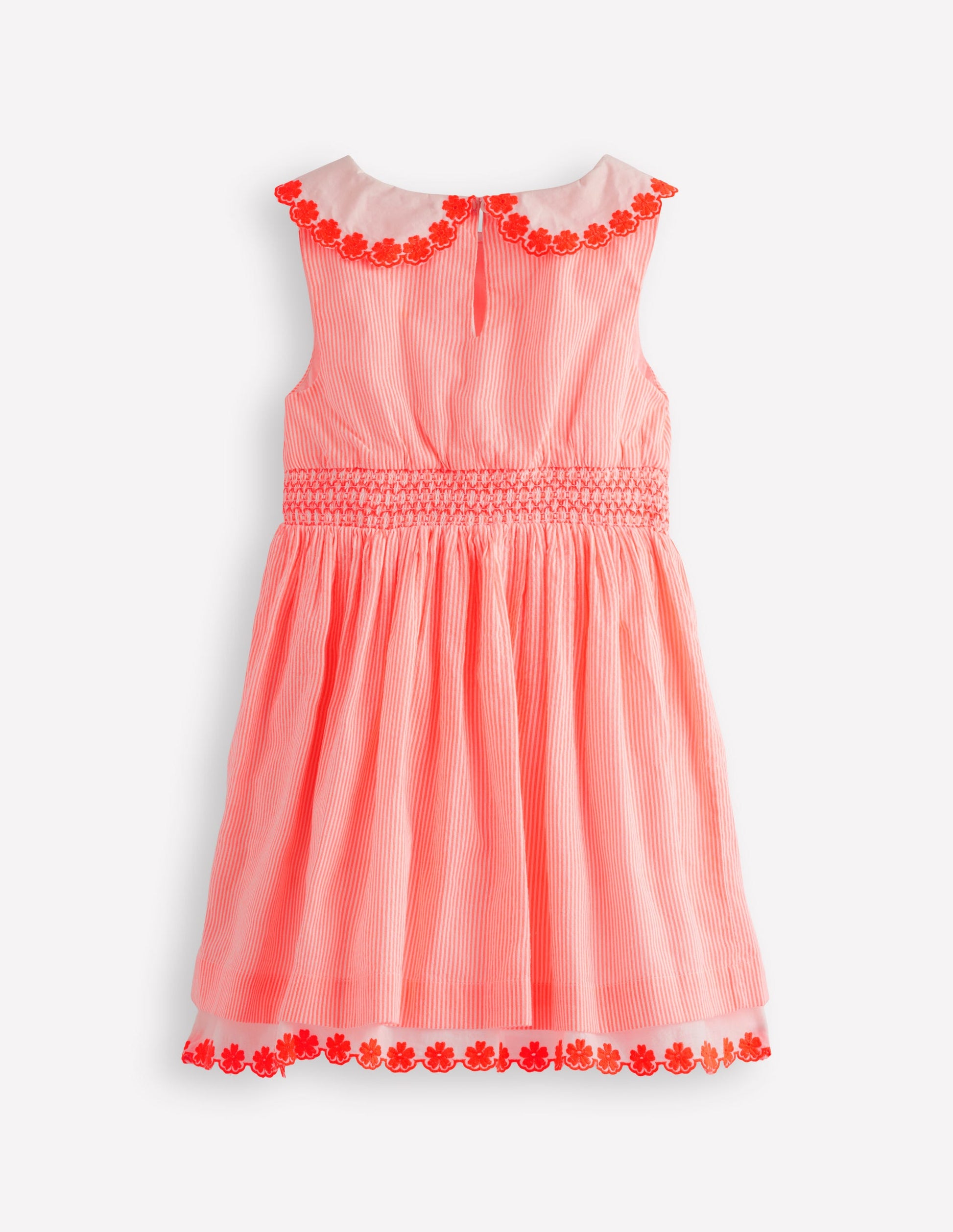 Nostalgisches Kleid mit Lochstickerei-Neon Koralle Seersucker-2