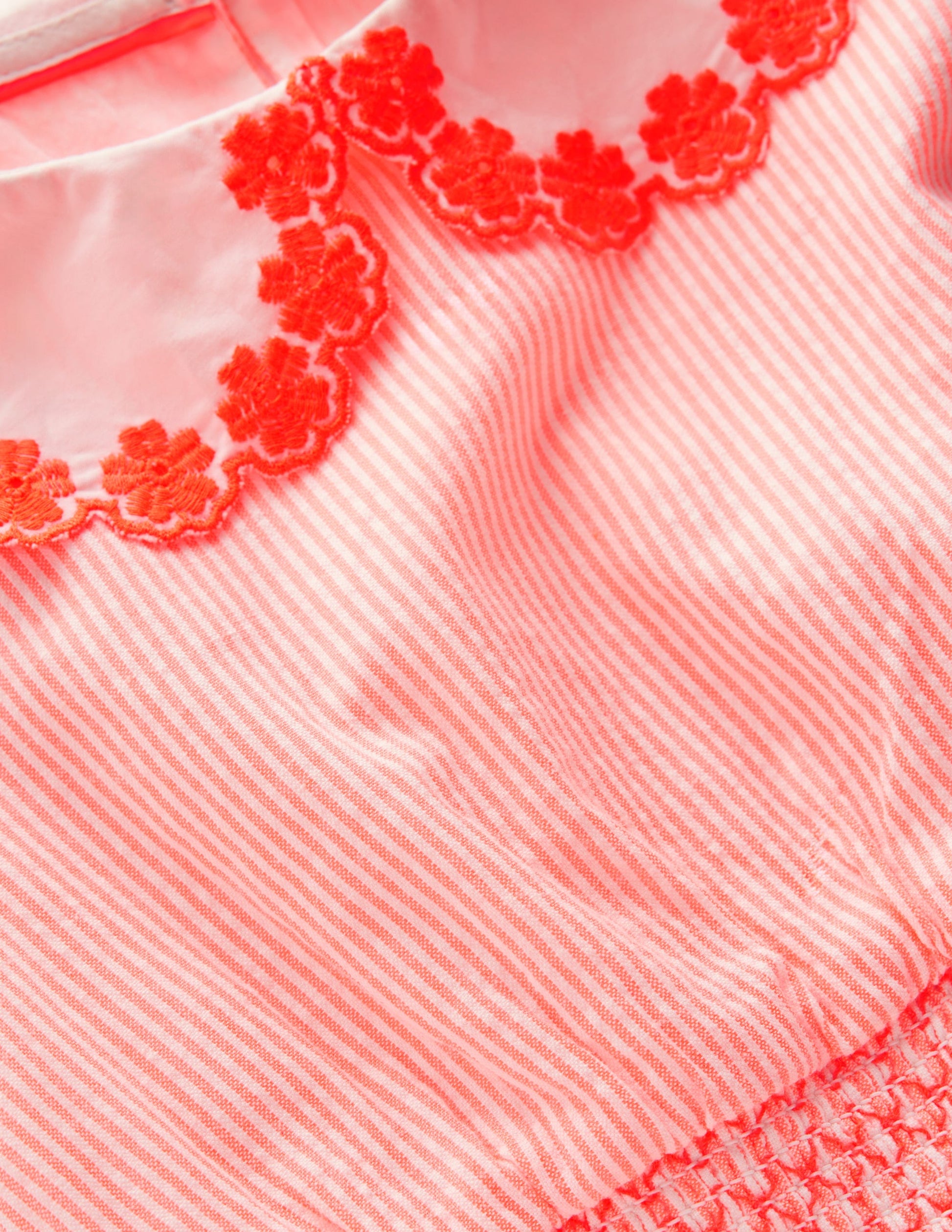 Nostalgisches Kleid mit Lochstickerei-Neon Koralle Seersucker-3