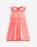 Nostalgisches Kleid mit Lochstickerei-Neon Koralle Seersucker