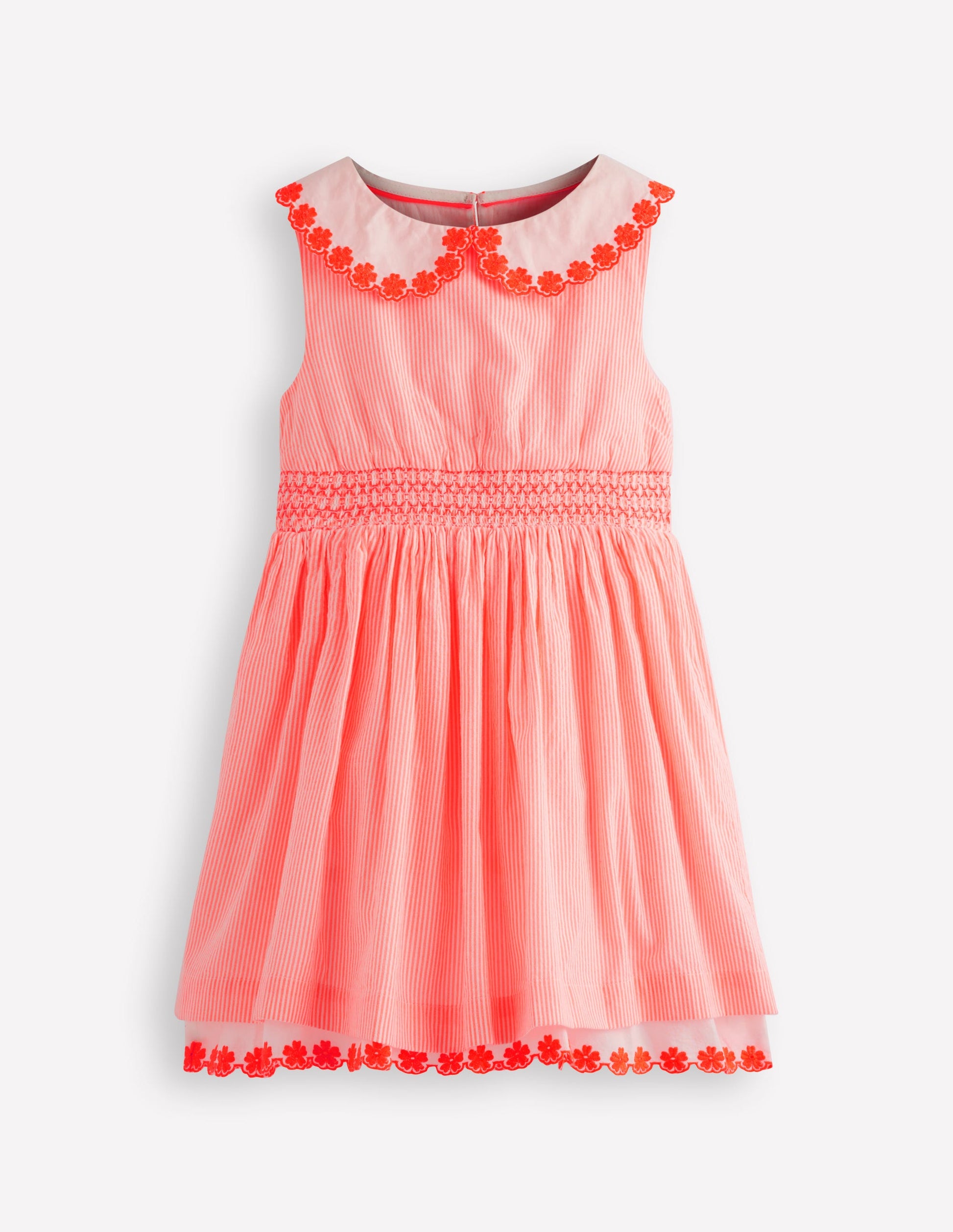 Nostalgisches Kleid mit Lochstickerei-Neon Koralle Seersucker-1