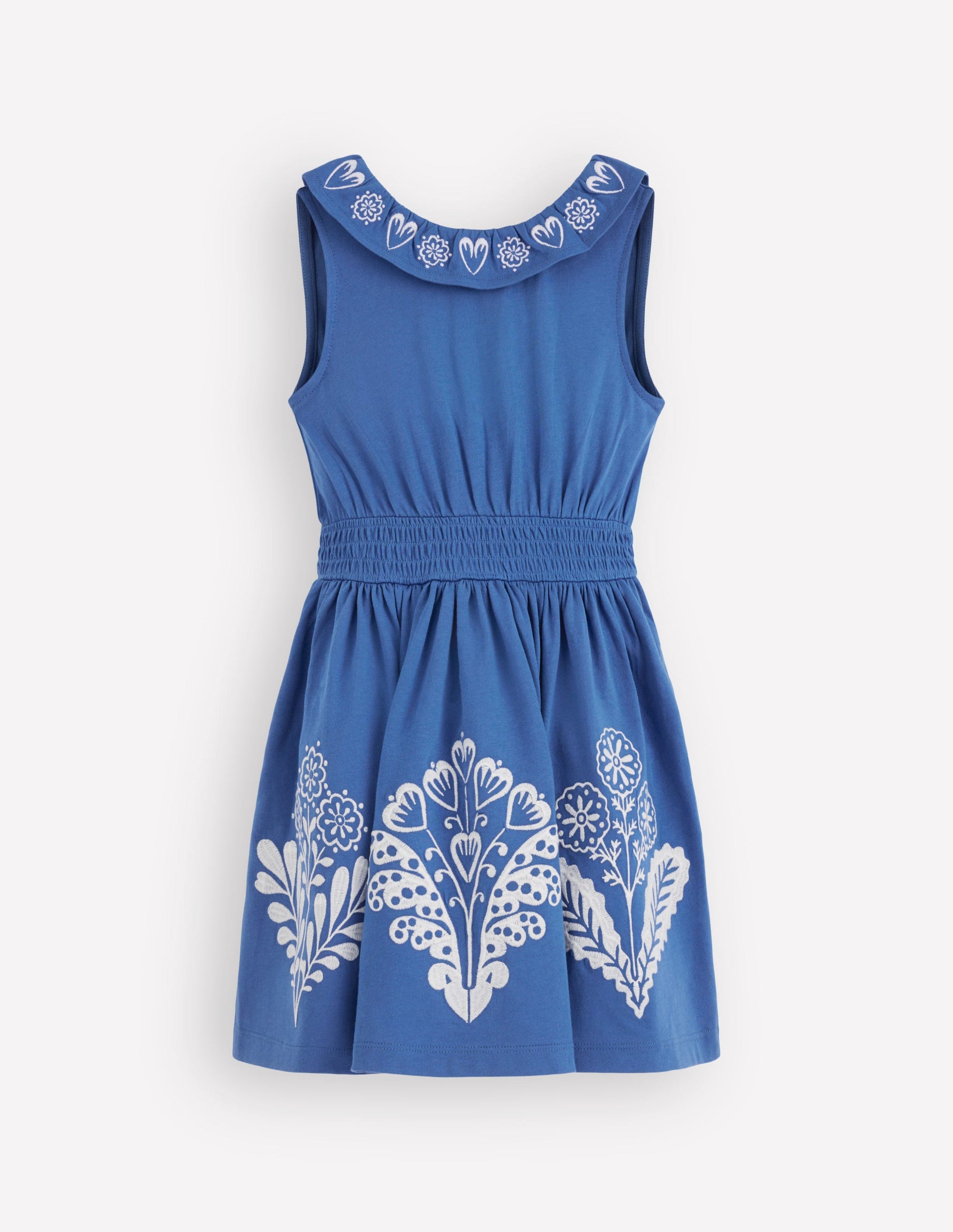 Robe brodée à dos en V-Broderie bleu vif-3