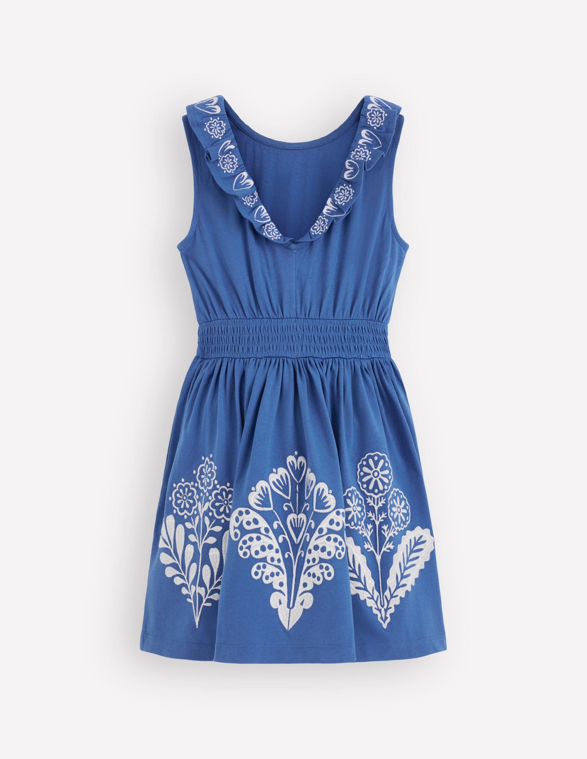 Robe brodée à dos en V-Broderie bleu vif-4