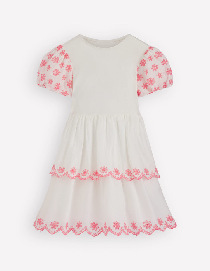 Robe style années 80 en jersey à broderie anglaise-Ivoire doux/rose saumon