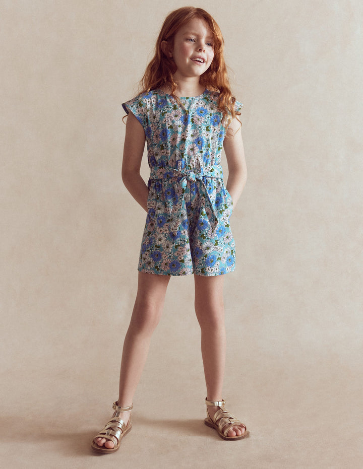 Gewebter Jumpsuit mit Bindegürtel-Blau Geblümt