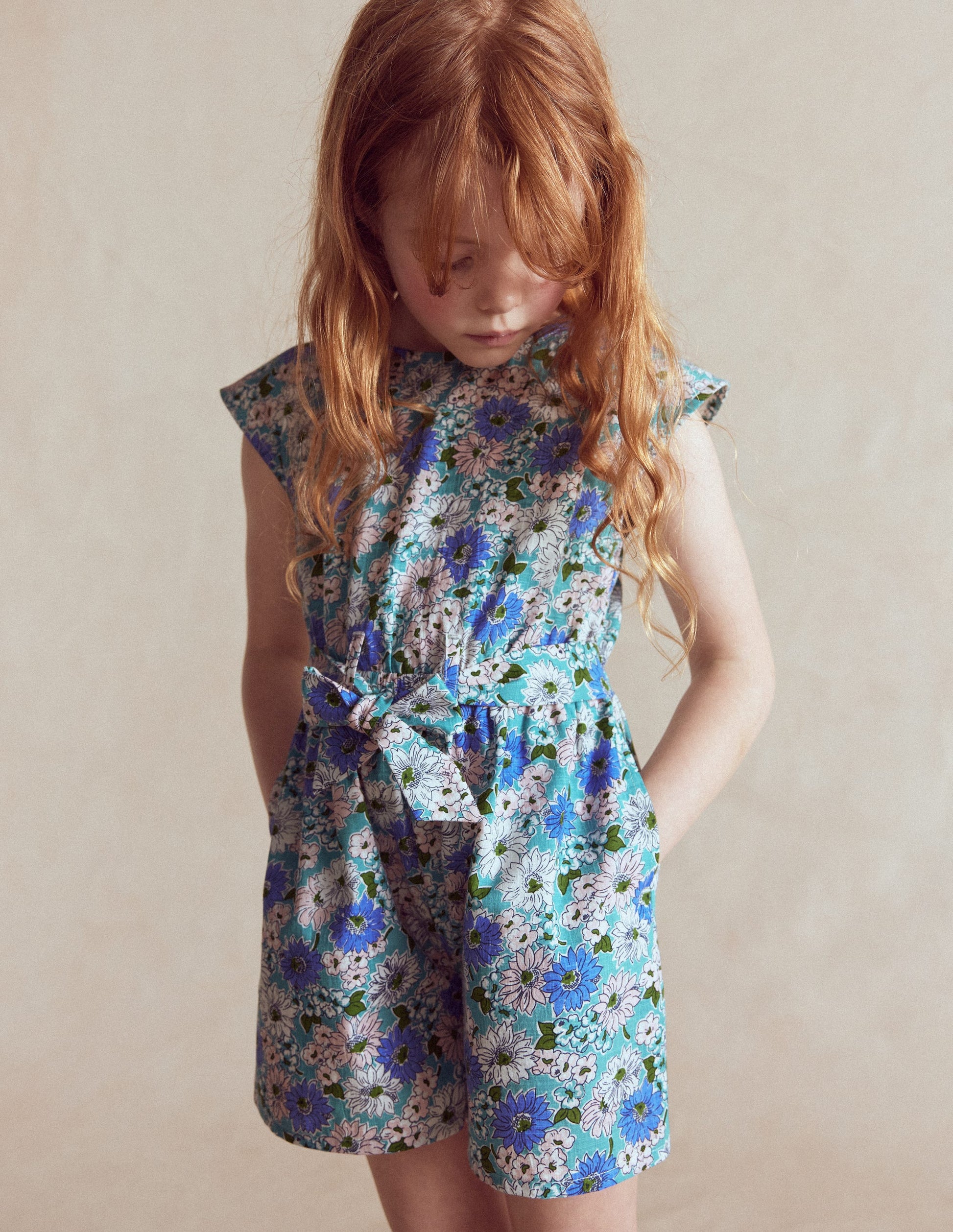 Combishort tissé noué à la taille-Bleu à Fleurs-2