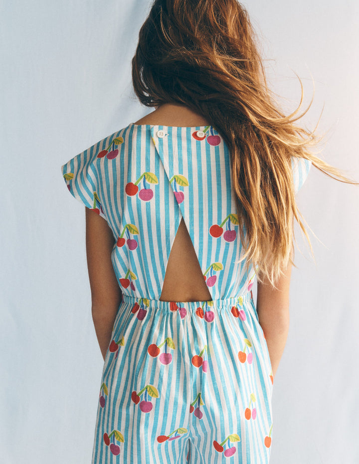 Gewebter Jumpsuit mit Bindegürtel-Blau Kirsche Streifen