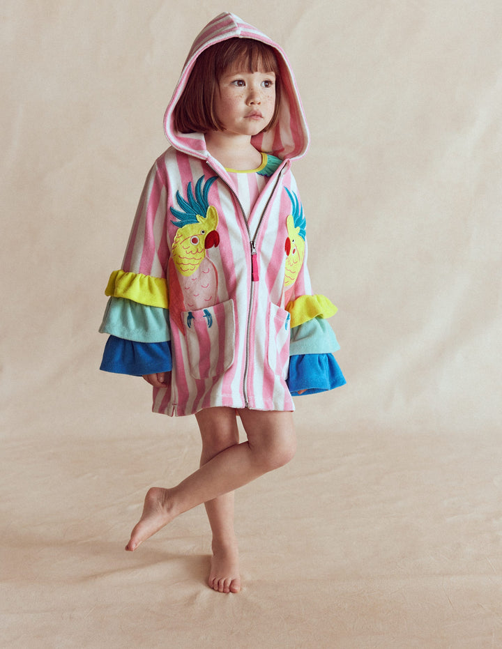 Romie Origineller Frottee-Badeponcho mit Reißverschluss-Streifen Rüschen Papageien