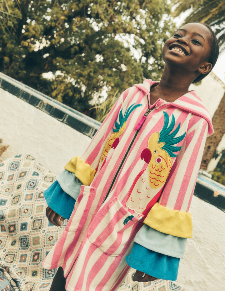 Romie Origineller Frottee-Badeponcho mit Reißverschluss-Streifen Rüschen Papageien