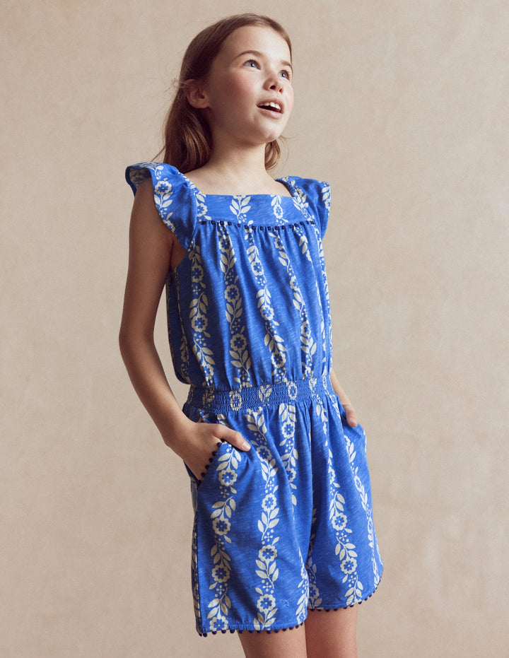 Ciara Jersey-Spielanzug mit Bommelbesatz-Blau Geblümt