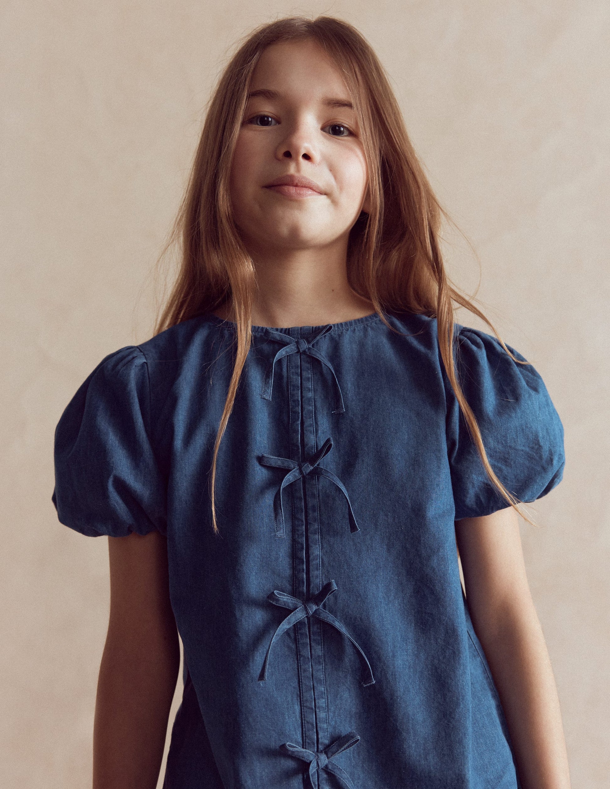 Bow Front Woven Top-Chambray-1